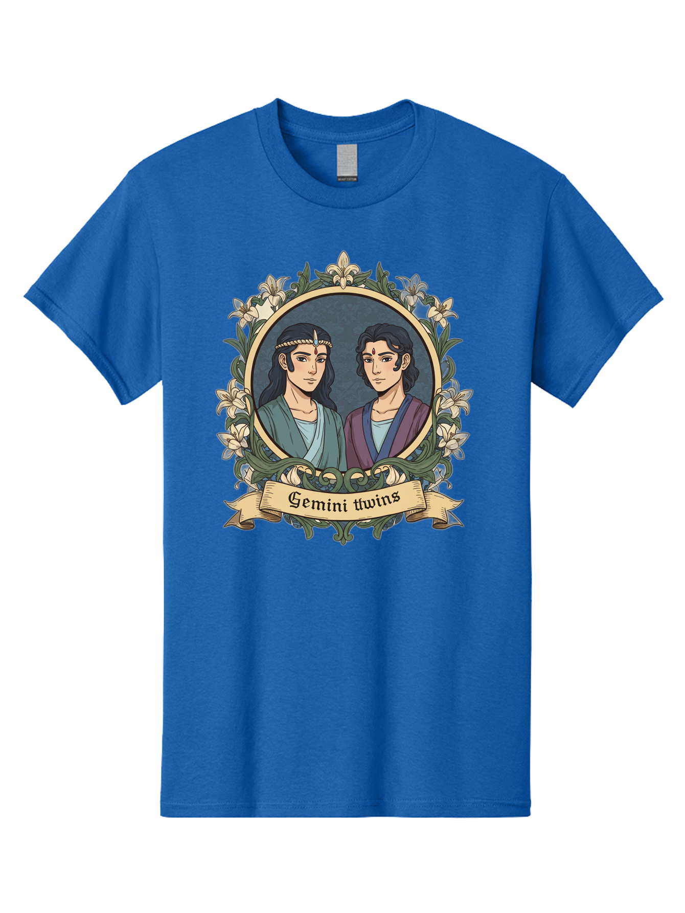 Gemini-Twins Men'S Graphic Tee, 100% Cotton, Comfortable Casual Summer Wear, Machine Washable, Gemini Twins, Astrological Sign, Zodiac Illustration, Twin Representation, Floral Wreath, Elegant Design, Symbolic Artwork, Mystical Symbols, Bae183