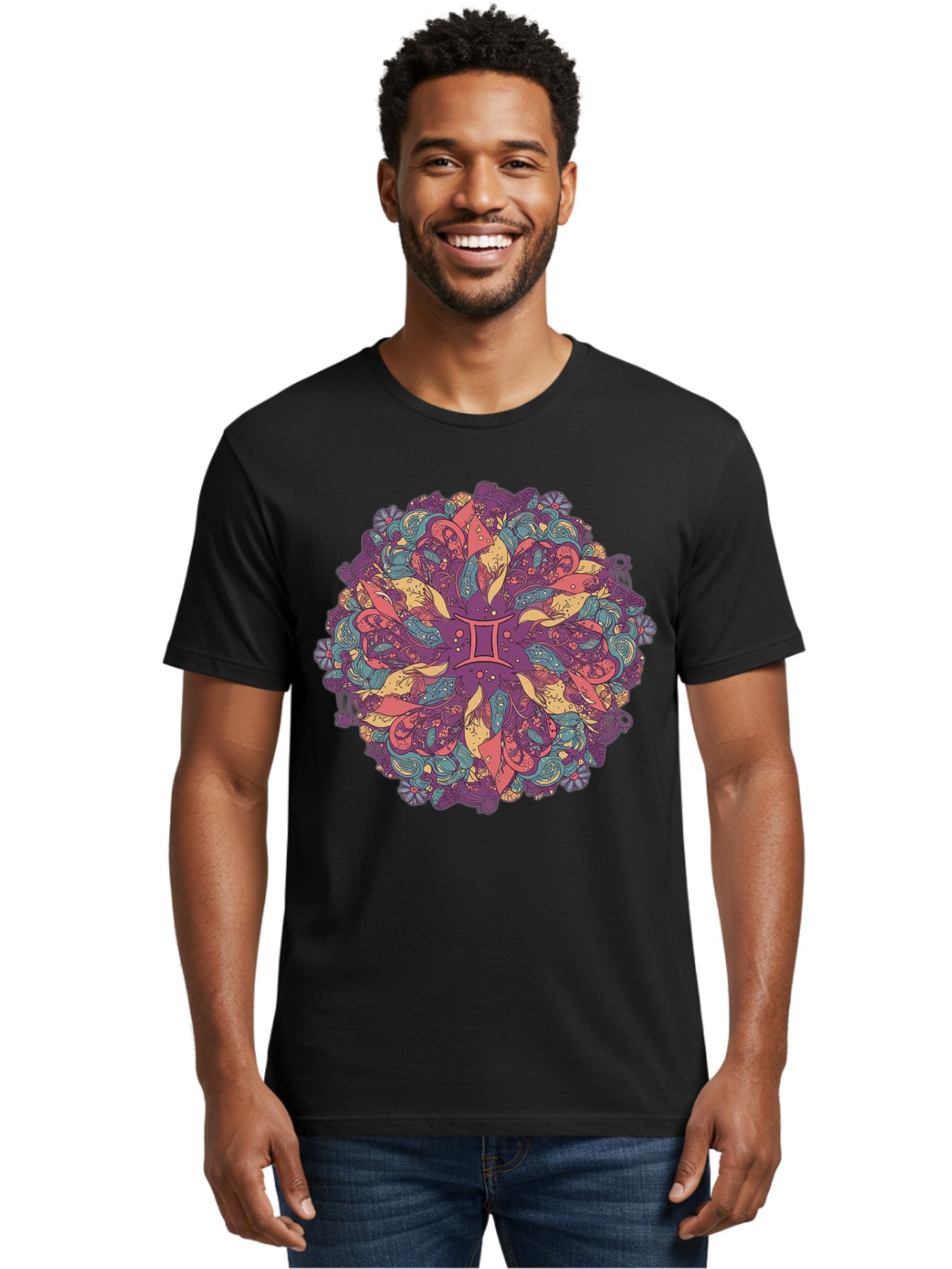 Gemini-Zodiac-Mandala Men'S Graphic Tee, 100% Cotton, Comfortable Casual Summer Wear, Machine Washable, Gemini Zodiac Symbol, Mandala Art, Floral Patterns, Paisley Designs, Purple, Pink, Blue, Yellow Hues, Intricate Details, Bohemian Style, Bae184