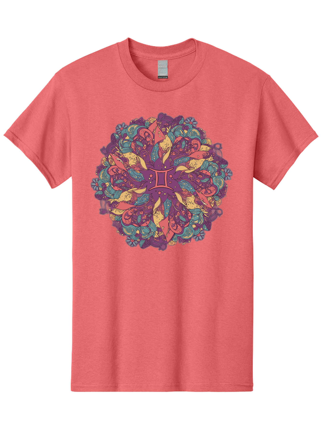 Gemini-Zodiac-Mandala Men'S Graphic Tee, 100% Cotton, Comfortable Casual Summer Wear, Machine Washable, Gemini Zodiac Symbol, Mandala Art, Floral Patterns, Paisley Designs, Purple, Pink, Blue, Yellow Hues, Intricate Details, Bohemian Style, Bae184