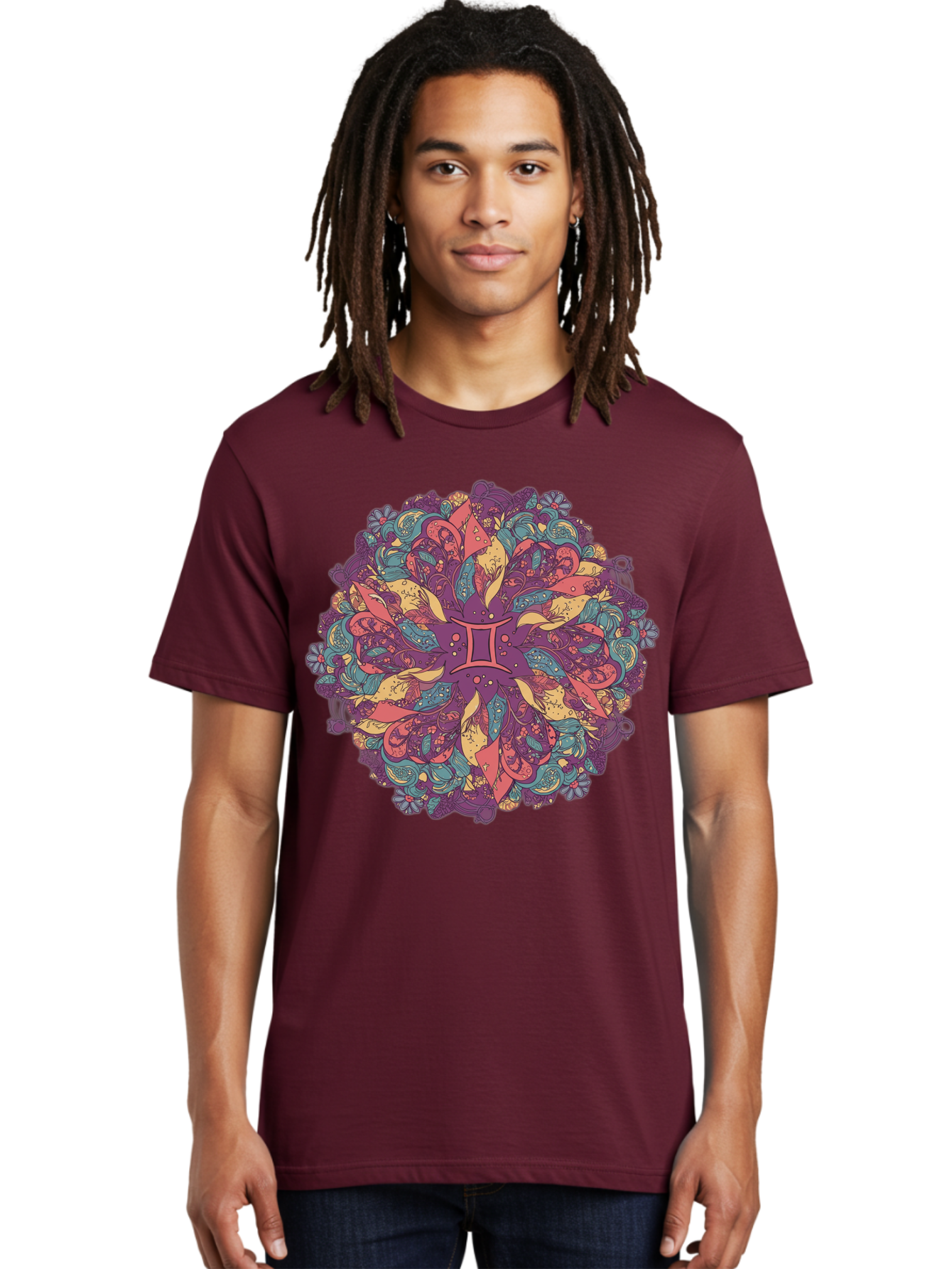 Gemini-Zodiac-Mandala Men'S Graphic Tee, 100% Cotton, Comfortable Casual Summer Wear, Machine Washable, Gemini Zodiac Symbol, Mandala Art, Floral Patterns, Paisley Designs, Purple, Pink, Blue, Yellow Hues, Intricate Details, Bohemian Style, Bae184