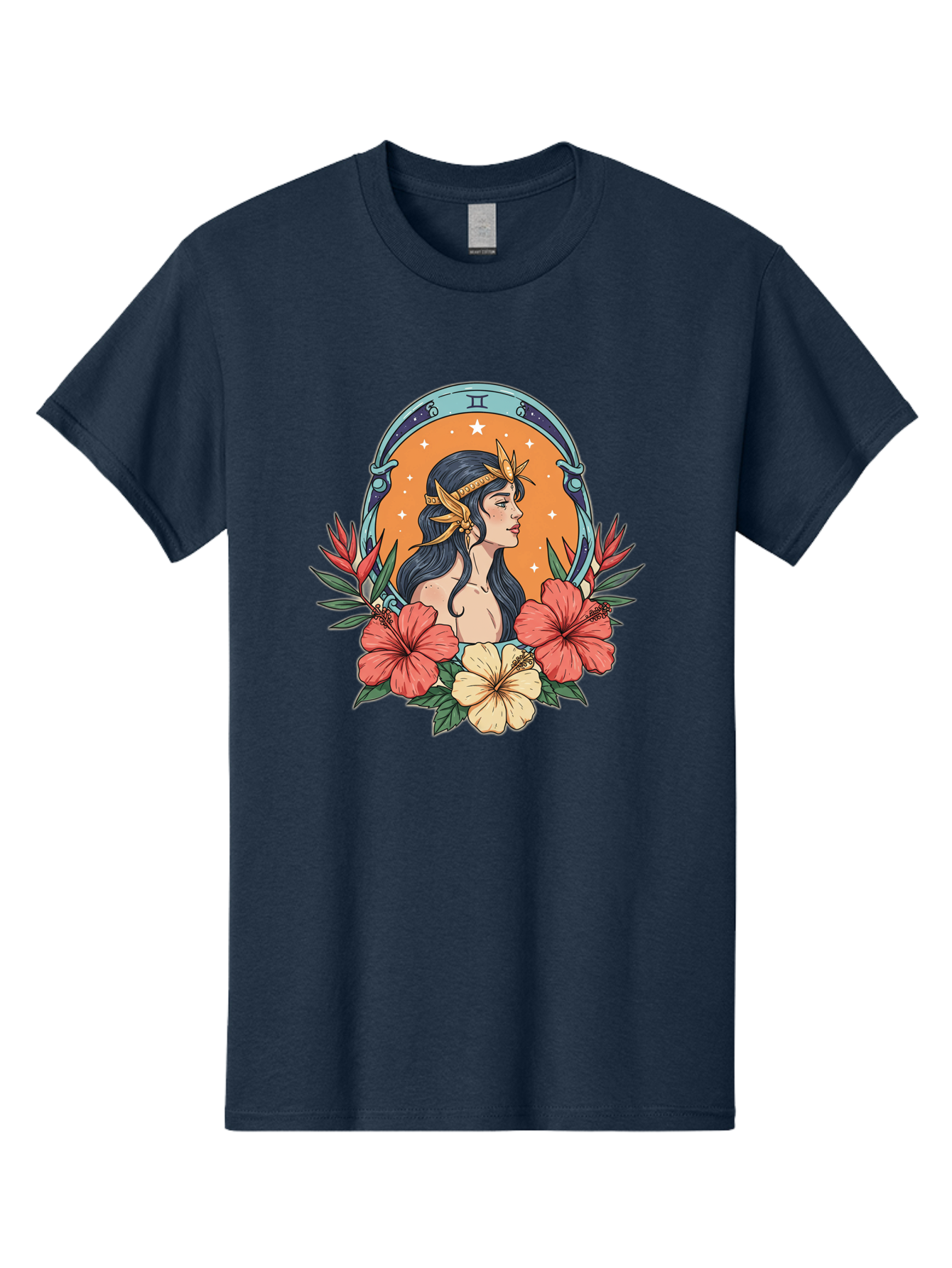 Gemini-Zodiac-Sign Men'S Graphic Tee, 100% Cotton, Comfortable Casual Summer Wear, Machine Washable, Gemini Zodiac Sign, Woman Portrait, Hibiscus Flowers, Stars, Celestial Theme, Astrology, Zodiac Symbols, Mystical, Feminine Beauty Bae185