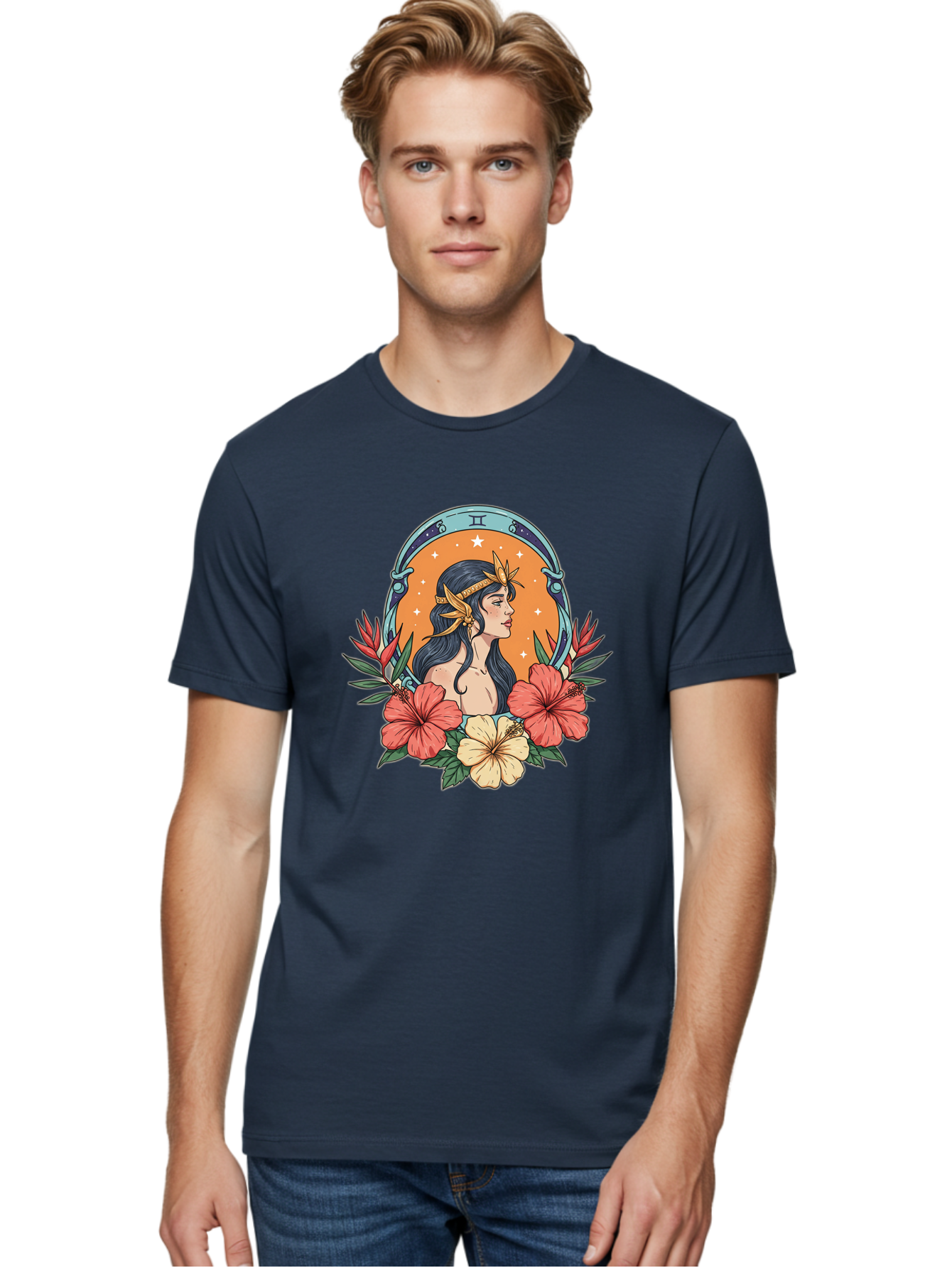 Gemini-Zodiac-Sign Men'S Graphic Tee, 100% Cotton, Comfortable Casual Summer Wear, Machine Washable, Gemini Zodiac Sign, Woman Portrait, Hibiscus Flowers, Stars, Celestial Theme, Astrology, Zodiac Symbols, Mystical, Feminine Beauty Bae185