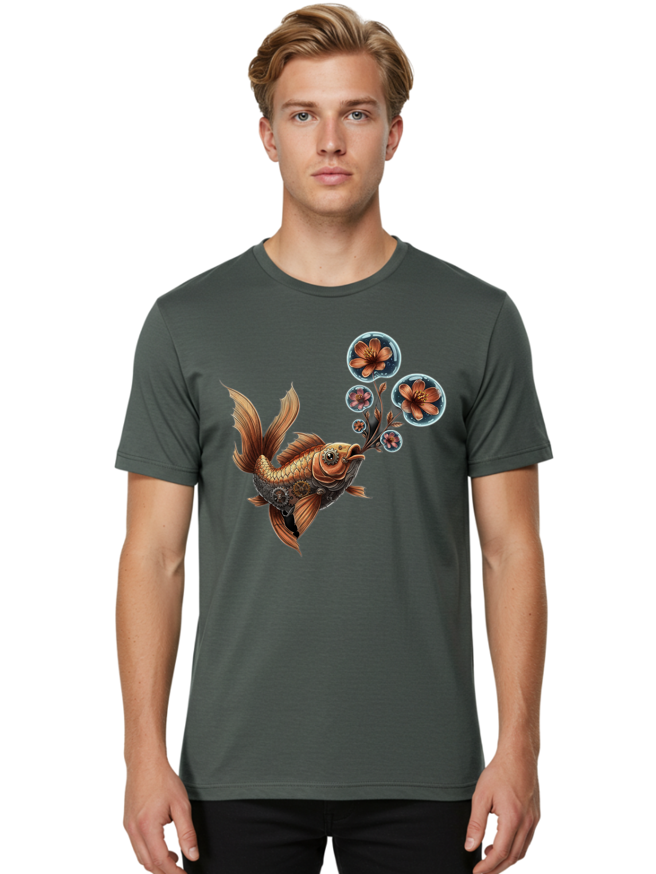 Goldfish-With-Flowers Men'S Graphic Tee, 100% Cotton, Comfortable Casual Summer Wear, Machine Washable, Koi Fish, Lotus Flowers, Bubbles, Floral Design, Fish Illustration, Orange And Gold, Water Theme, Decorative Art, Symbolic Fish, Bae189