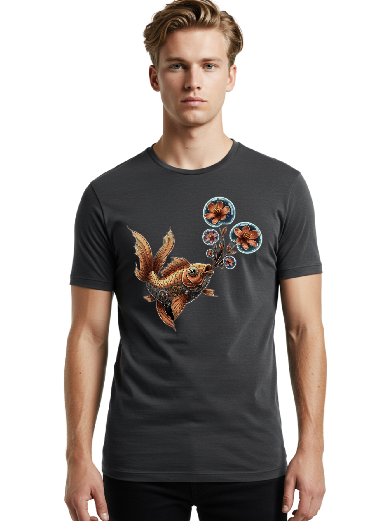 Goldfish-With-Flowers Men'S Graphic Tee, 100% Cotton, Comfortable Casual Summer Wear, Machine Washable, Koi Fish, Lotus Flowers, Bubbles, Floral Design, Fish Illustration, Orange And Gold, Water Theme, Decorative Art, Symbolic Fish, Bae189