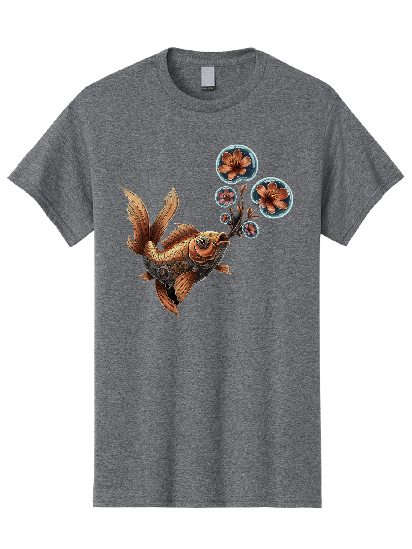 Goldfish-With-Flowers Men'S Graphic Tee, 100% Cotton, Comfortable Casual Summer Wear, Machine Washable, Koi Fish, Lotus Flowers, Bubbles, Floral Design, Fish Illustration, Orange And Gold, Water Theme, Decorative Art, Symbolic Fish, Bae189