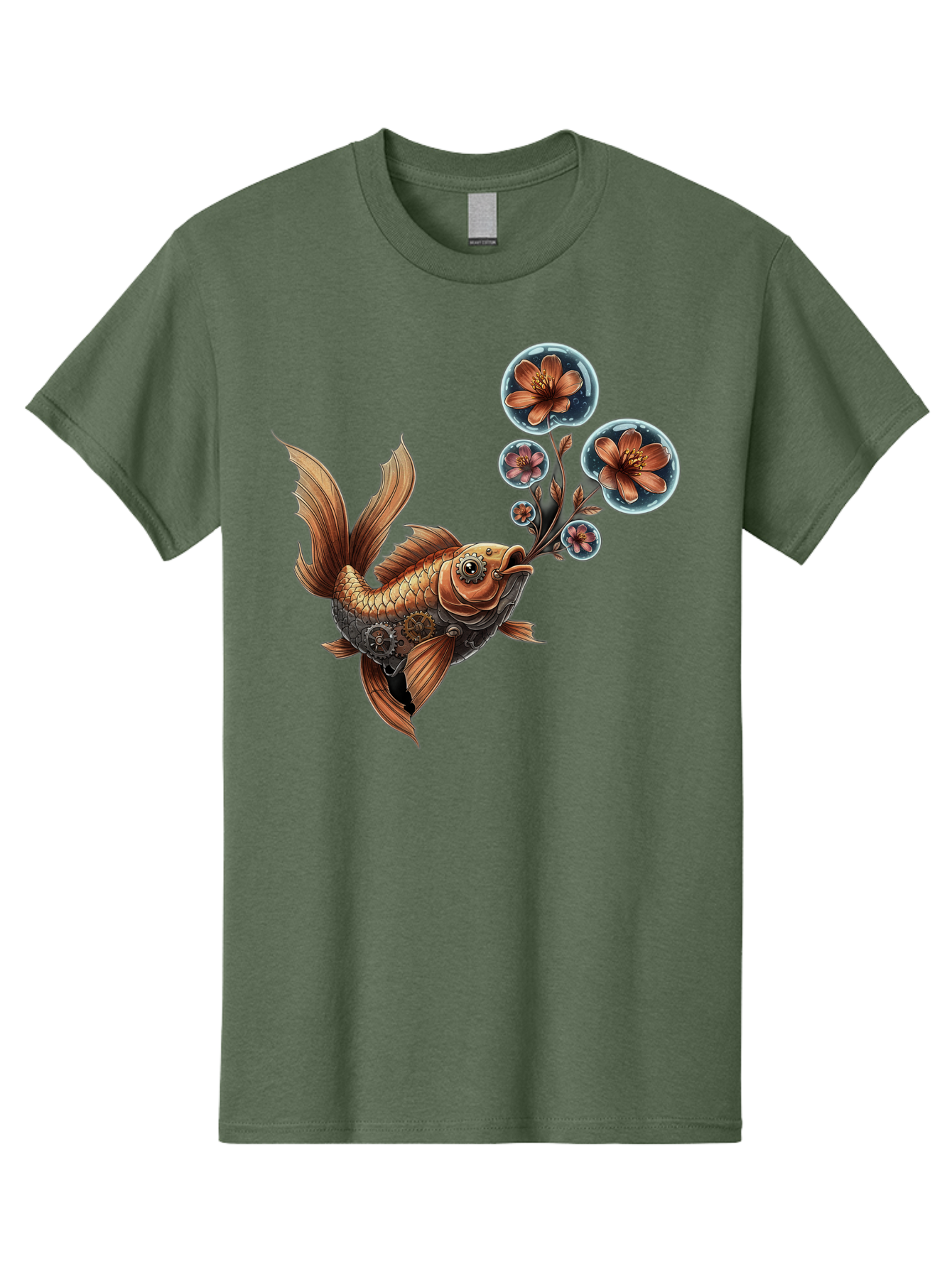 Goldfish-With-Flowers Men'S Graphic Tee, 100% Cotton, Comfortable Casual Summer Wear, Machine Washable, Koi Fish, Lotus Flowers, Bubbles, Floral Design, Fish Illustration, Orange And Gold, Water Theme, Decorative Art, Symbolic Fish, Bae189