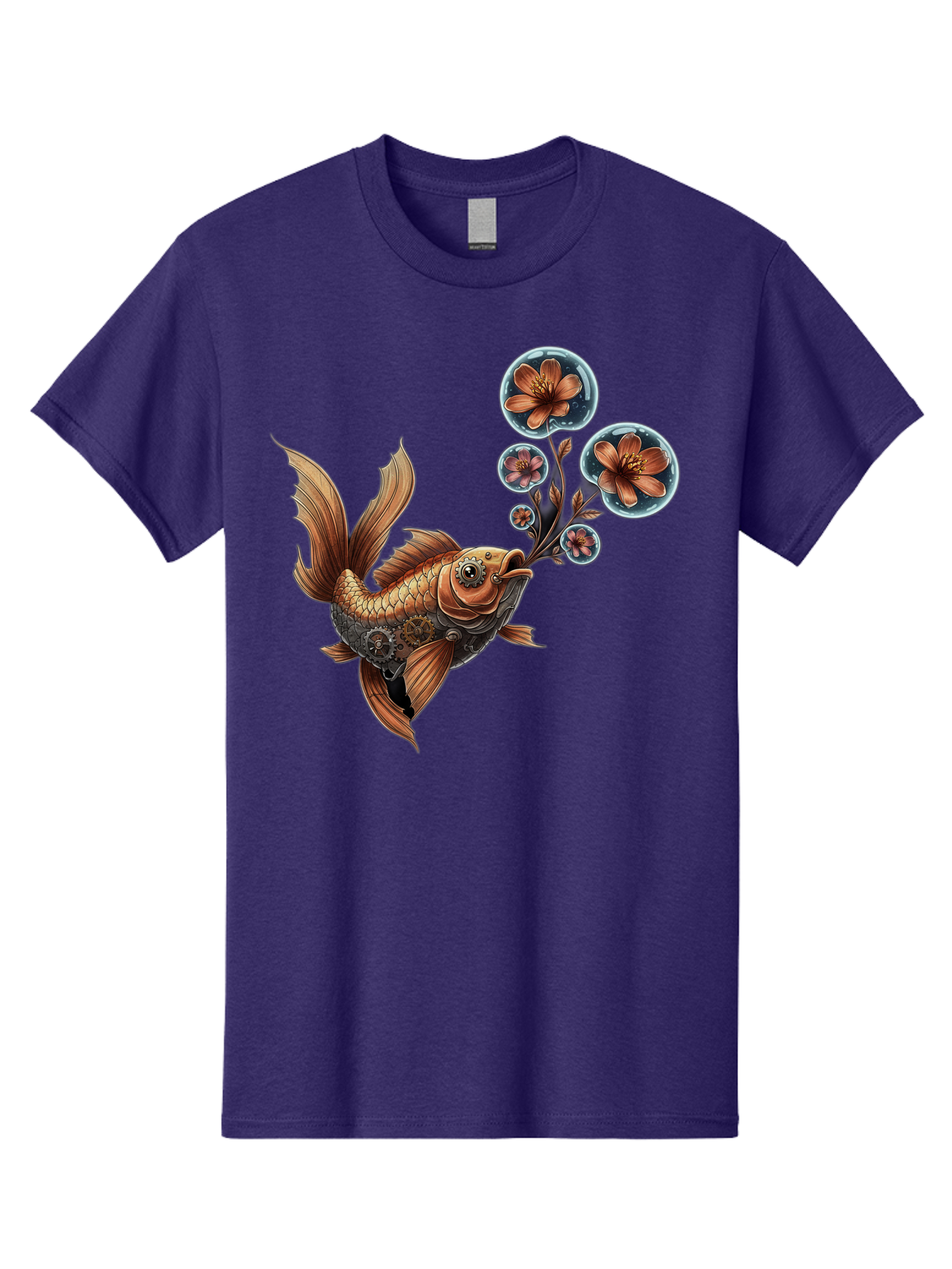 Goldfish-With-Flowers Men'S Graphic Tee, 100% Cotton, Comfortable Casual Summer Wear, Machine Washable, Koi Fish, Lotus Flowers, Bubbles, Floral Design, Fish Illustration, Orange And Gold, Water Theme, Decorative Art, Symbolic Fish, Bae189