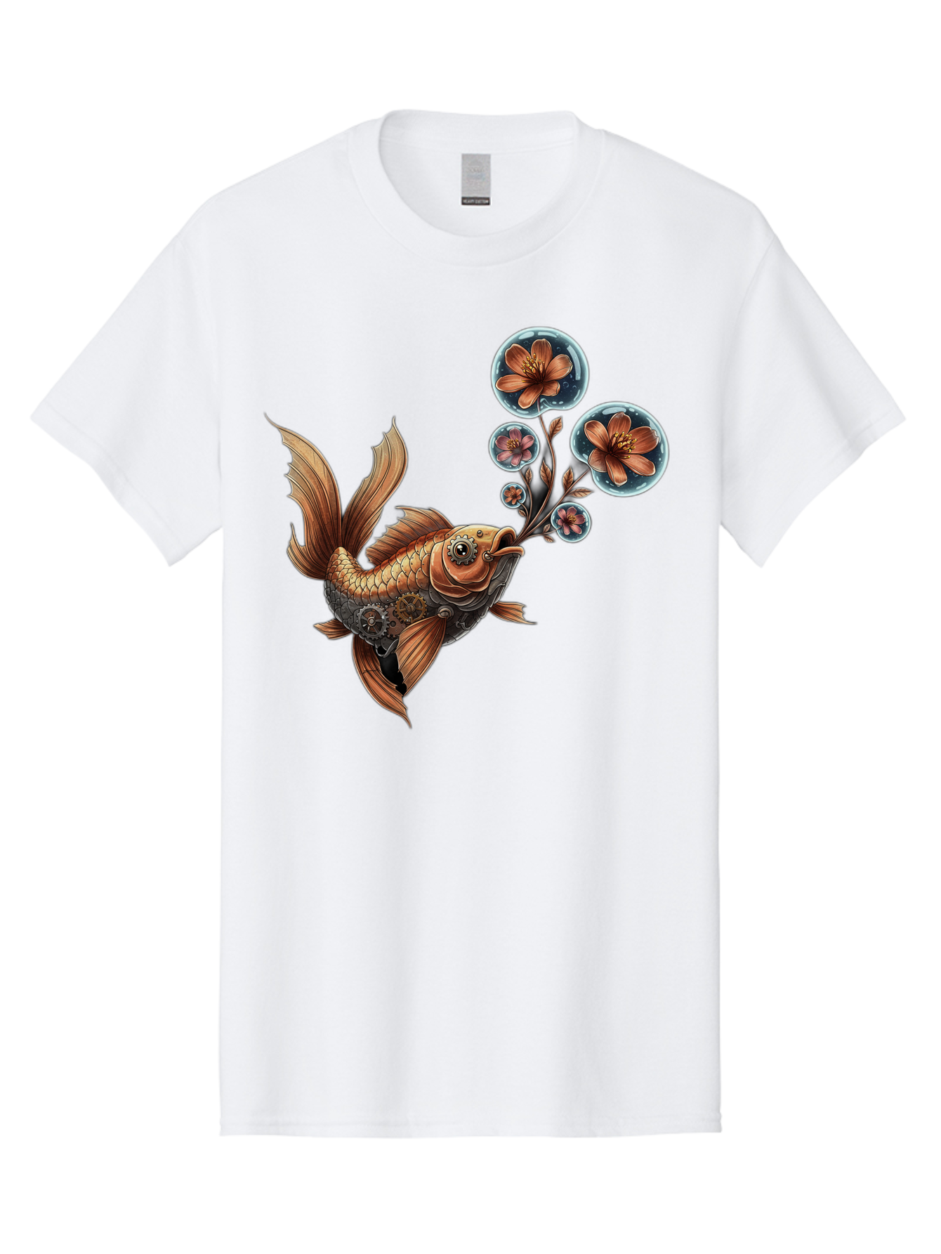 Goldfish-With-Flowers Men'S Graphic Tee, 100% Cotton, Comfortable Casual Summer Wear, Machine Washable, Koi Fish, Lotus Flowers, Bubbles, Floral Design, Fish Illustration, Orange And Gold, Water Theme, Decorative Art, Symbolic Fish, Bae189