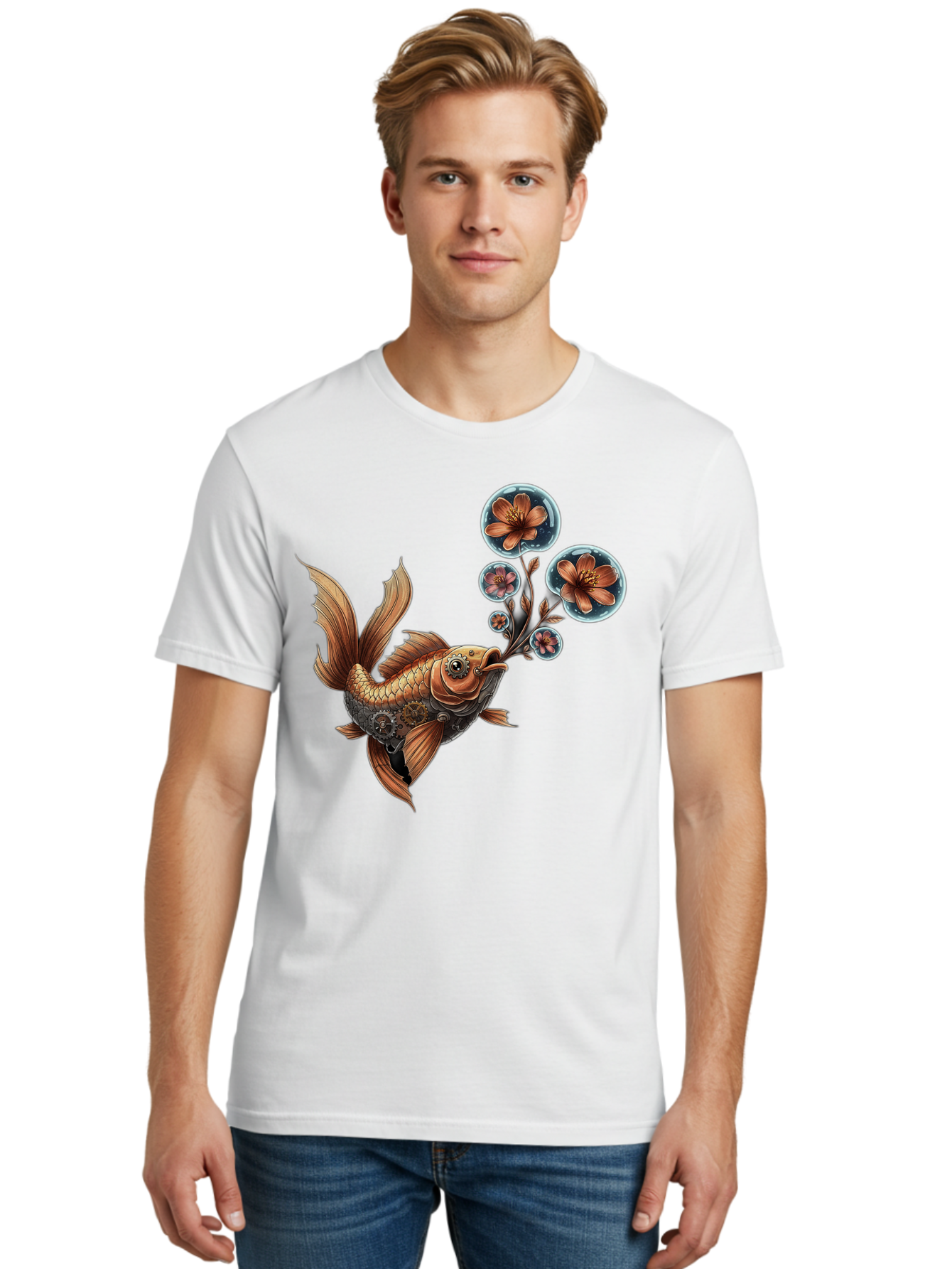 Goldfish-With-Flowers Men'S Graphic Tee, 100% Cotton, Comfortable Casual Summer Wear, Machine Washable, Koi Fish, Lotus Flowers, Bubbles, Floral Design, Fish Illustration, Orange And Gold, Water Theme, Decorative Art, Symbolic Fish, Bae189