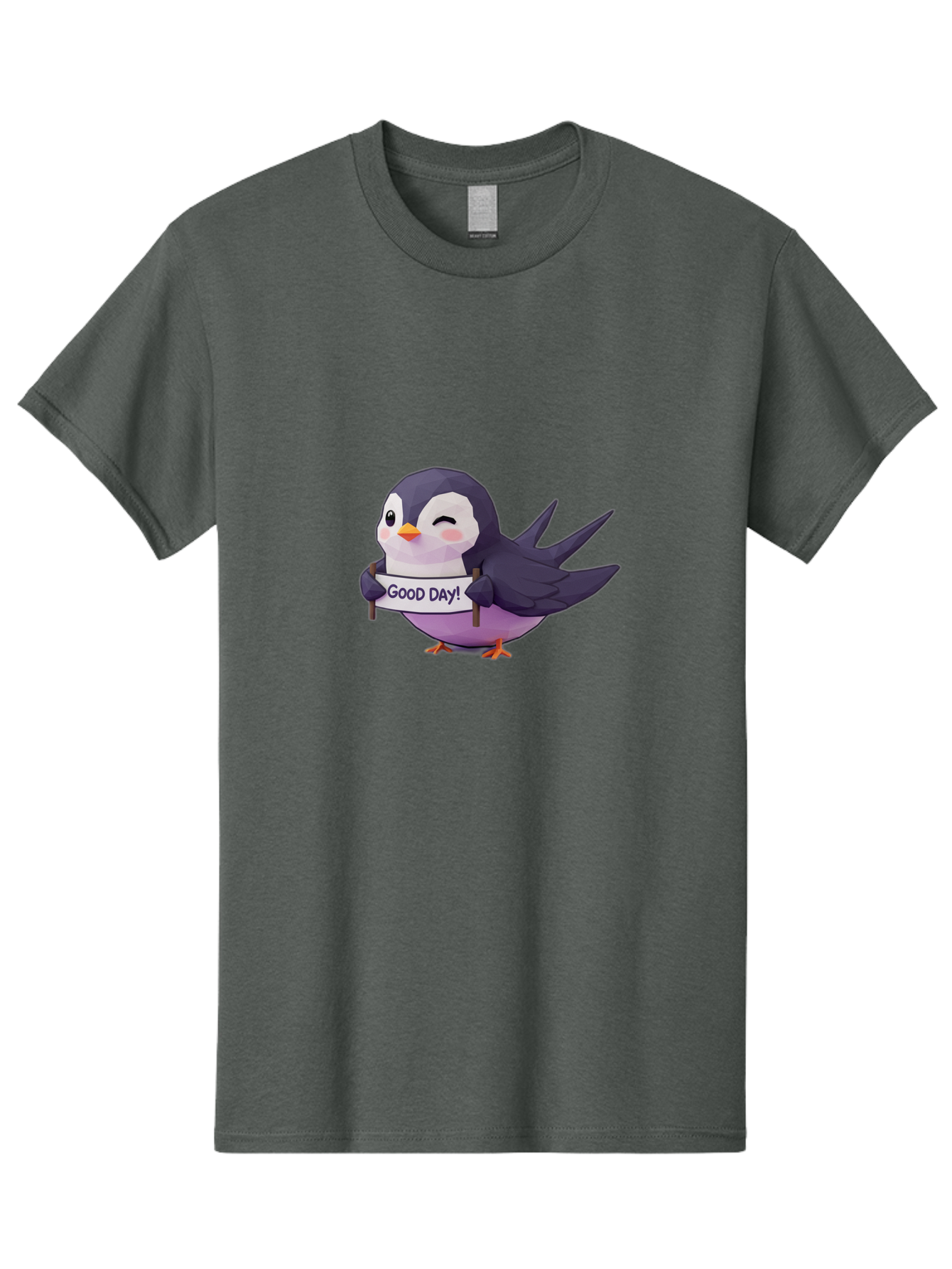 Good-Day-Bird Men'S Graphic Tee, 100% Cotton, Comfortable Casual Summer Wear, Machine Washable, Cartoon Bird, Good Day Sign, Kawaii Animal, Cute Illustration, Purple Bird, Winking Bird, Positive Vibes, Morning Motivation, Funny Graphics, Bae191