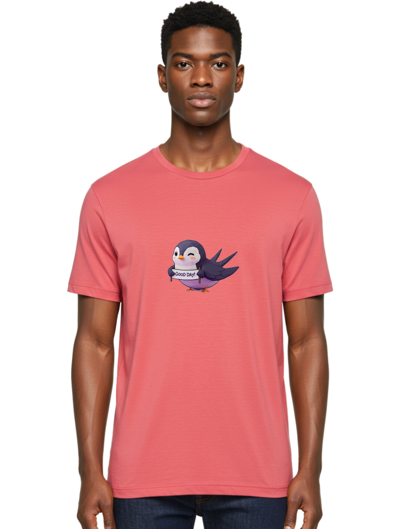 Good-Day-Bird Men'S Graphic Tee, 100% Cotton, Comfortable Casual Summer Wear, Machine Washable, Cartoon Bird, Good Day Sign, Kawaii Animal, Cute Illustration, Purple Bird, Winking Bird, Positive Vibes, Morning Motivation, Funny Graphics, Bae191