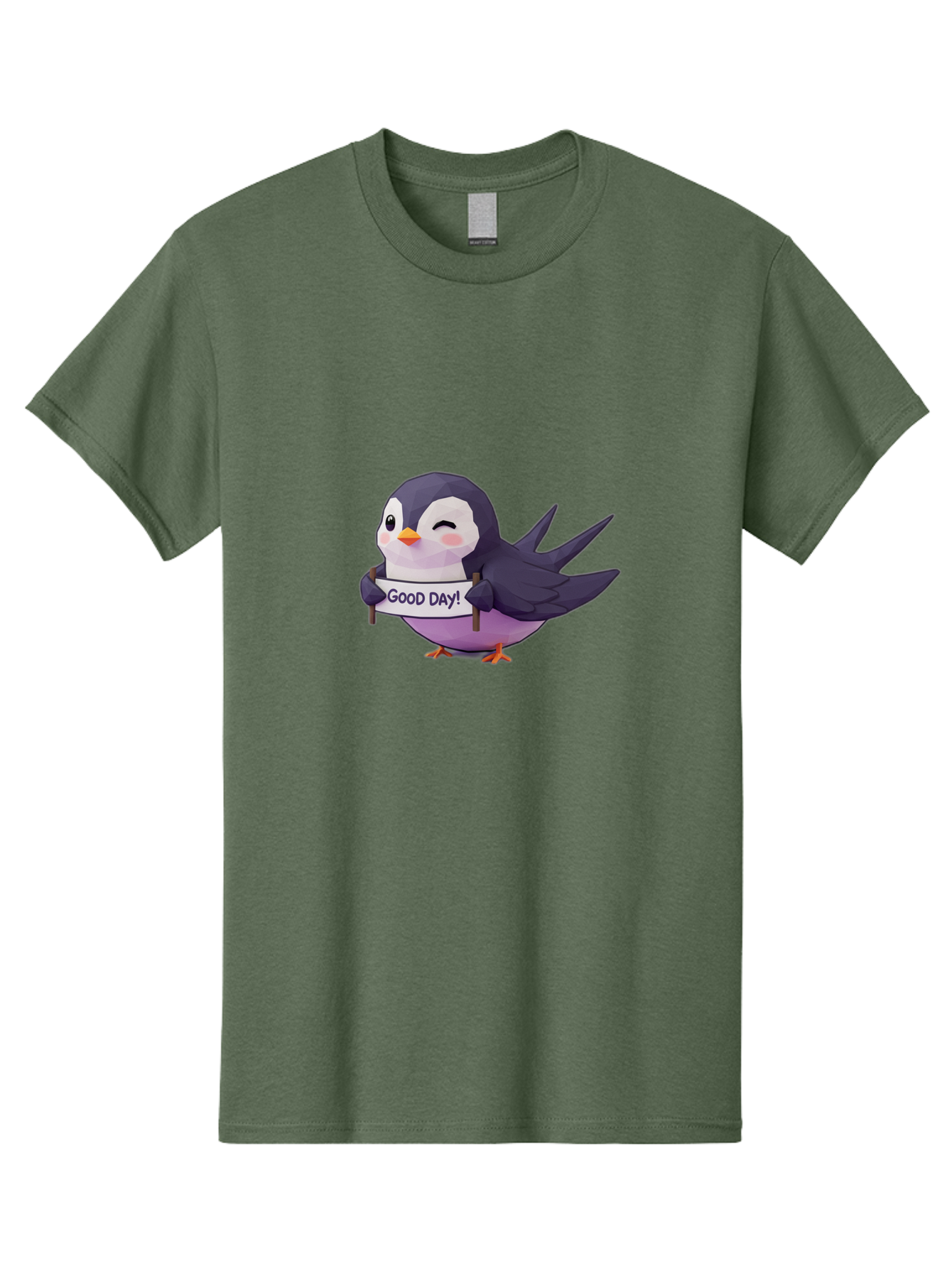 Good-Day-Bird Men'S Graphic Tee, 100% Cotton, Comfortable Casual Summer Wear, Machine Washable, Cartoon Bird, Good Day Sign, Kawaii Animal, Cute Illustration, Purple Bird, Winking Bird, Positive Vibes, Morning Motivation, Funny Graphics, Bae191