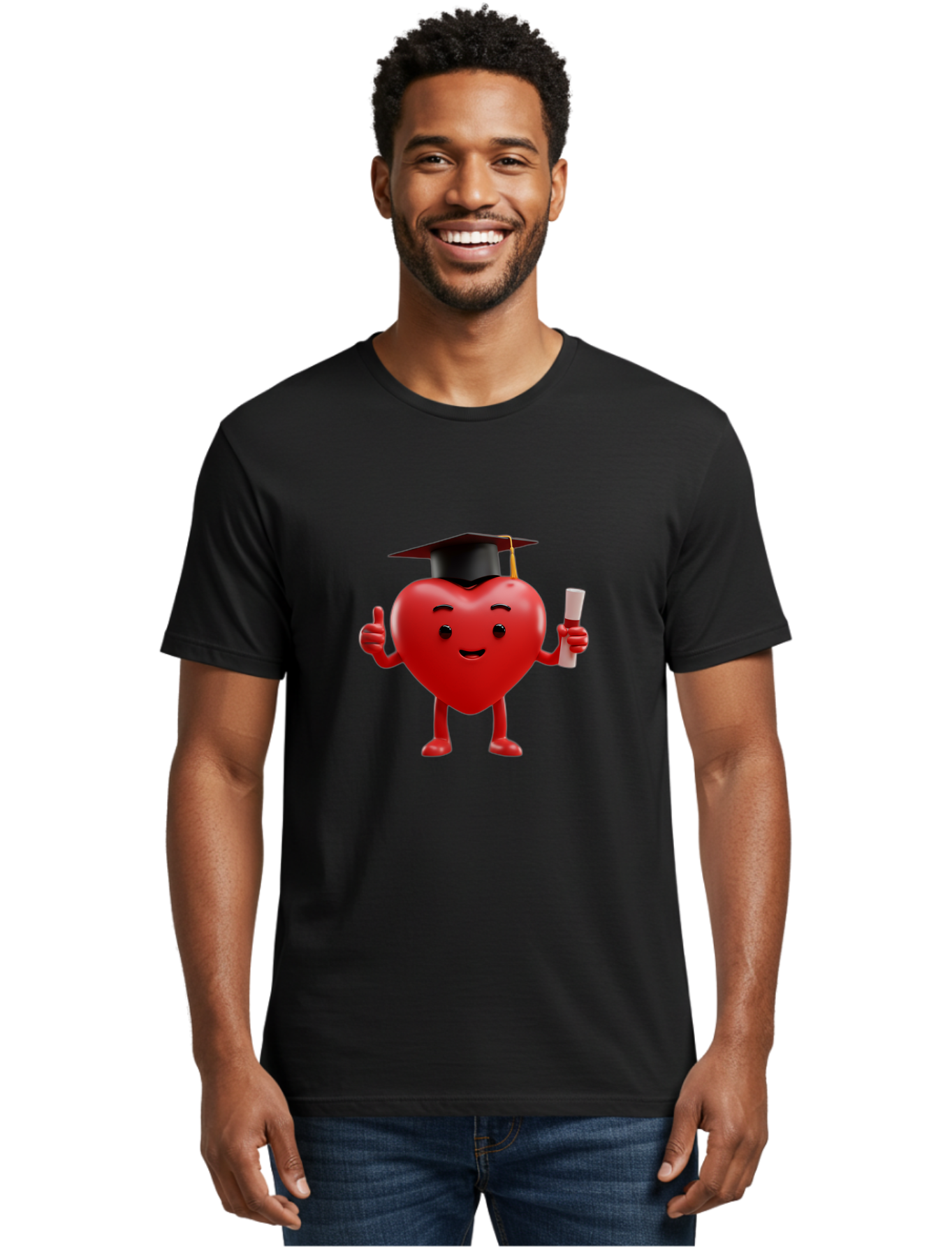 Graduated-Heart Men'S Graphic Tee, 100% Cotton, Comfortable Casual Summer Wear, Machine Washable, Heart Character, Graduation Cap, Diploma, Thumbs Up, Success, Achievement, Happiness, Cartoon Style, Red Heart, Graduation Day, Proud Moment, Bae192