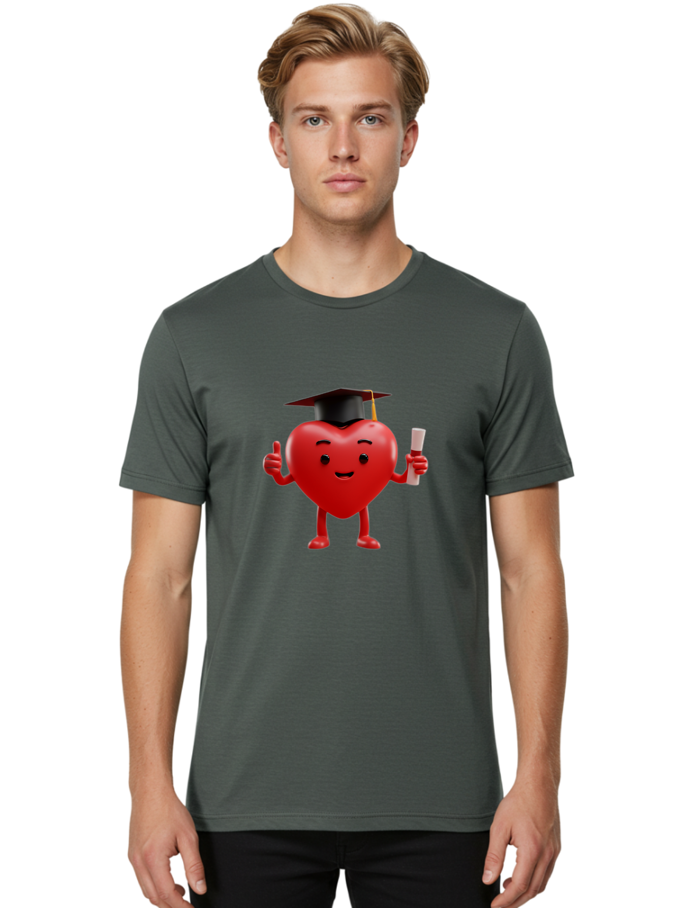 Graduated-Heart Men'S Graphic Tee, 100% Cotton, Comfortable Casual Summer Wear, Machine Washable, Heart Character, Graduation Cap, Diploma, Thumbs Up, Success, Achievement, Happiness, Cartoon Style, Red Heart, Graduation Day, Proud Moment, Bae192