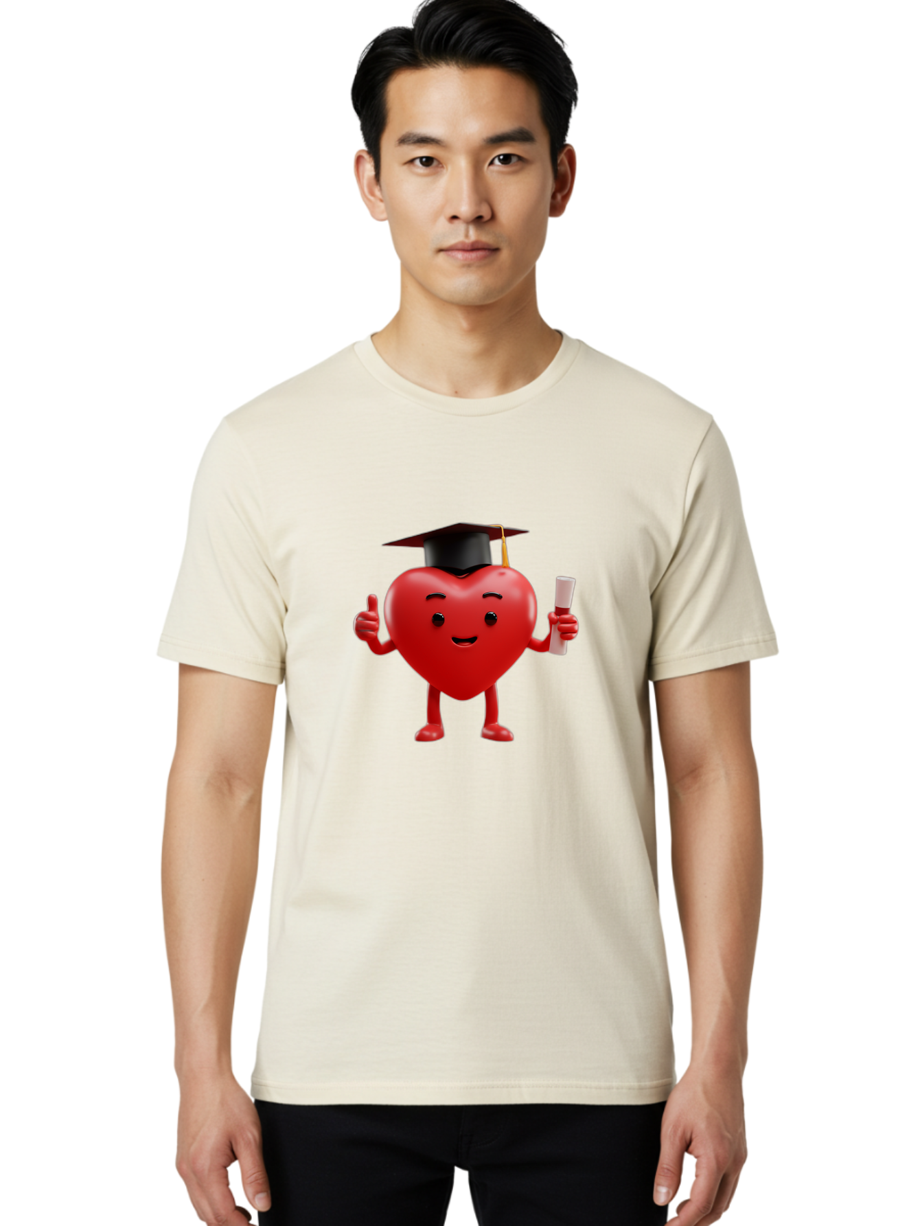 Graduated-Heart Men'S Graphic Tee, 100% Cotton, Comfortable Casual Summer Wear, Machine Washable, Heart Character, Graduation Cap, Diploma, Thumbs Up, Success, Achievement, Happiness, Cartoon Style, Red Heart, Graduation Day, Proud Moment, Bae192