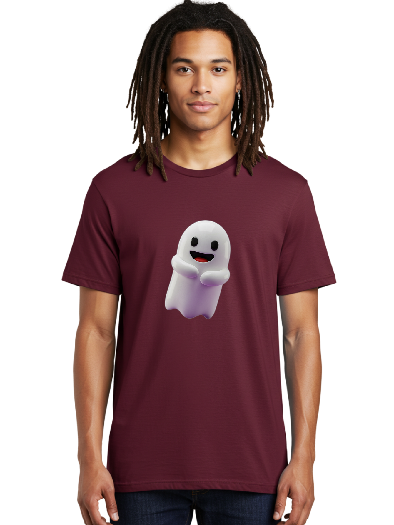 Happy-Ghost Men'S Graphic Tee, 100% Cotton, Comfortable Casual Summer Wear, Machine Washable, Cartoon Ghost, Friendly Spirit, Smiling Face, Cute Character, 3D Illustration, White Ghost, Halloween Theme, Digital Art, Cheerful Design Bae194