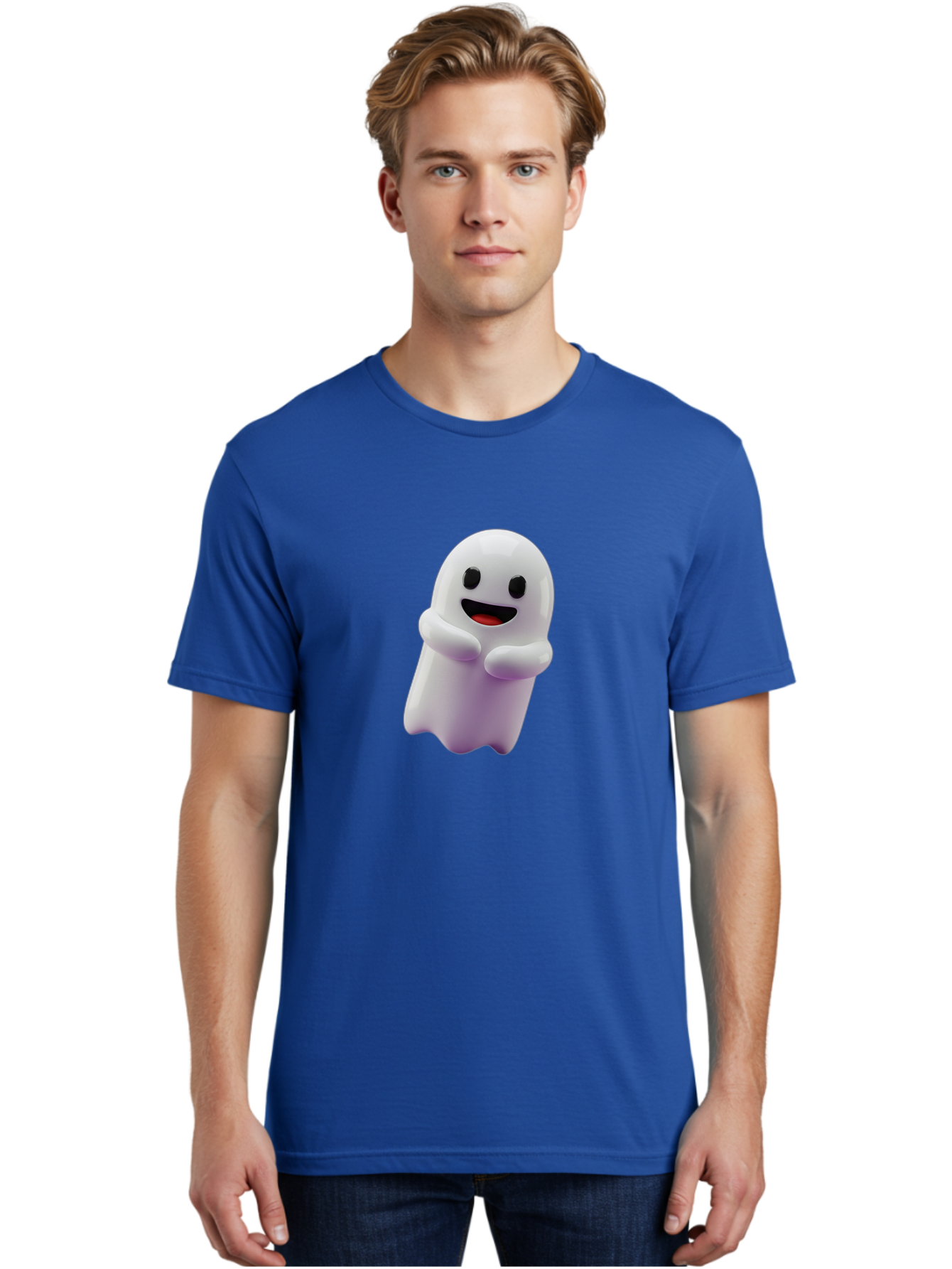 Happy-Ghost Men'S Graphic Tee, 100% Cotton, Comfortable Casual Summer Wear, Machine Washable, Cartoon Ghost, Friendly Spirit, Smiling Face, Cute Character, 3D Illustration, White Ghost, Halloween Theme, Digital Art, Cheerful Design Bae194