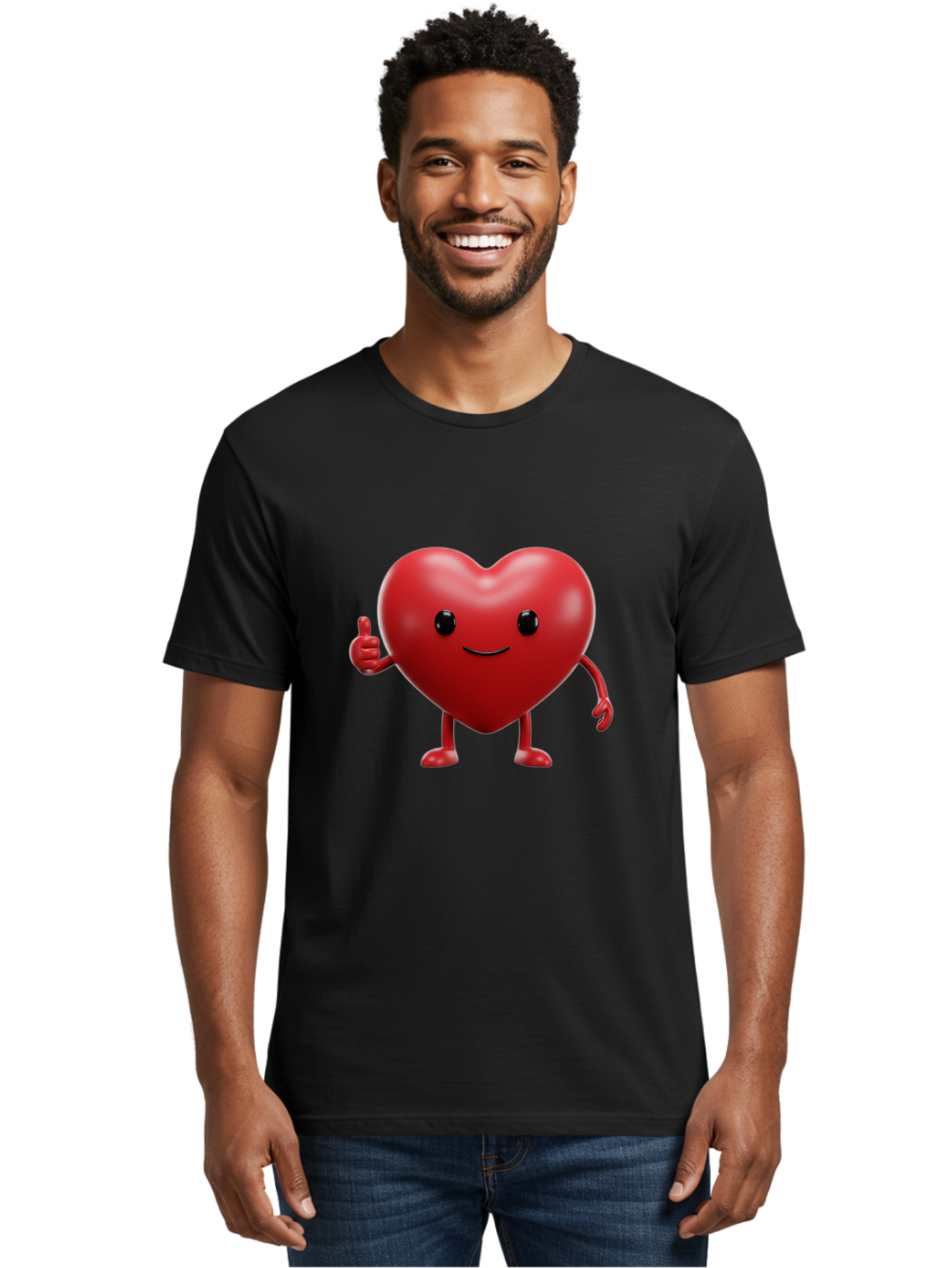 Happy-Heart Men'S Graphic Tee, 100% Cotton, Comfortable Casual Summer Wear, Machine Washable, Red Heart Character, Smiling Face, Thumbs Up, Cartoon Style, Heart Icon, Positive Attitude, Friendly Gesture, Love Symbol, Cute Design Bae195