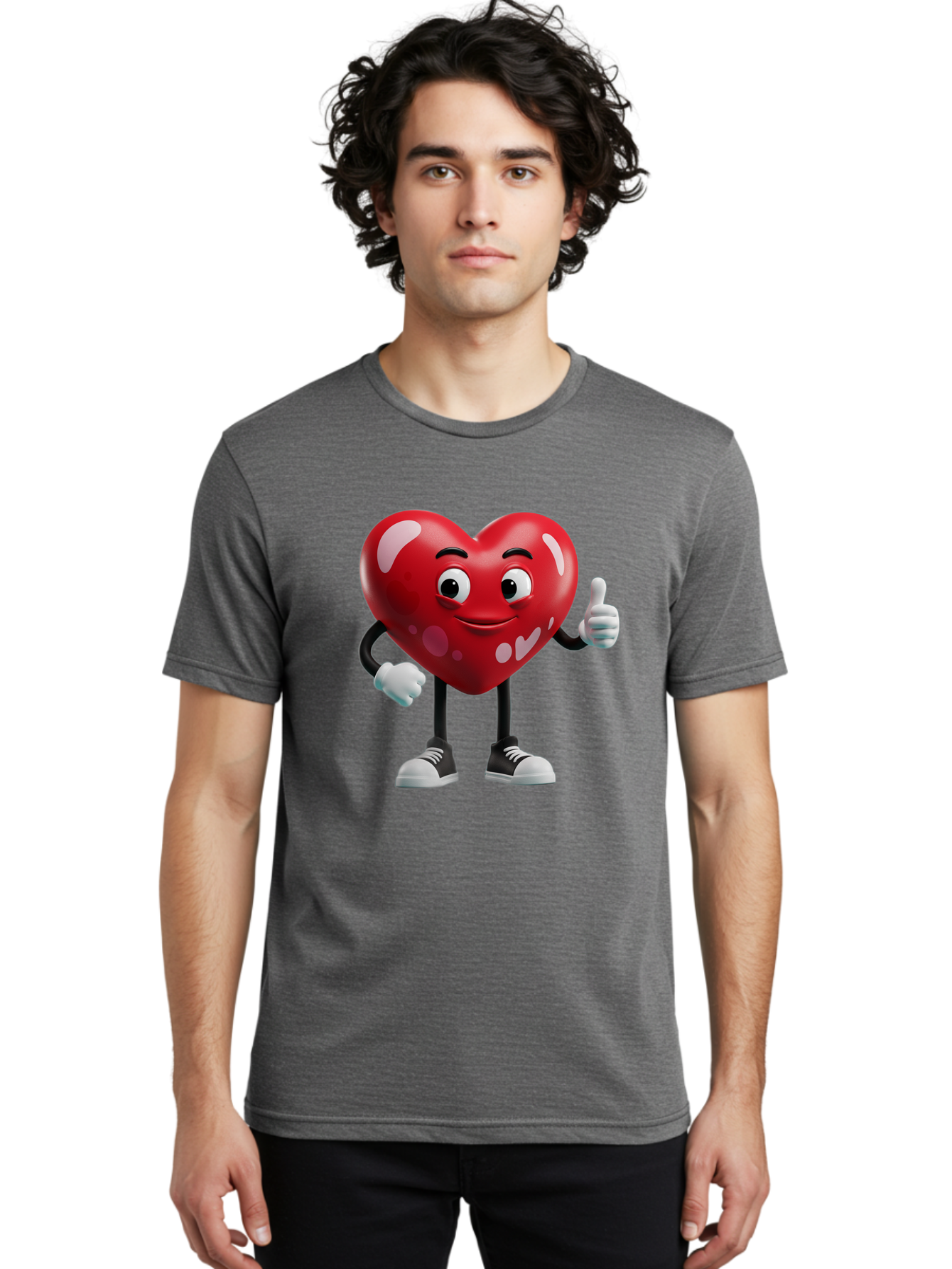 Heart-Character Men'S Graphic Tee, 100% Cotton, Comfortable Casual Summer Wear, Machine Washable, Cartoon Heart, Red Heart, Smiling Face, Thumbs Up, Approval, Positivity, Love, Happiness, Friendship, Gesture Of Approval, Cartoon Character Bae197