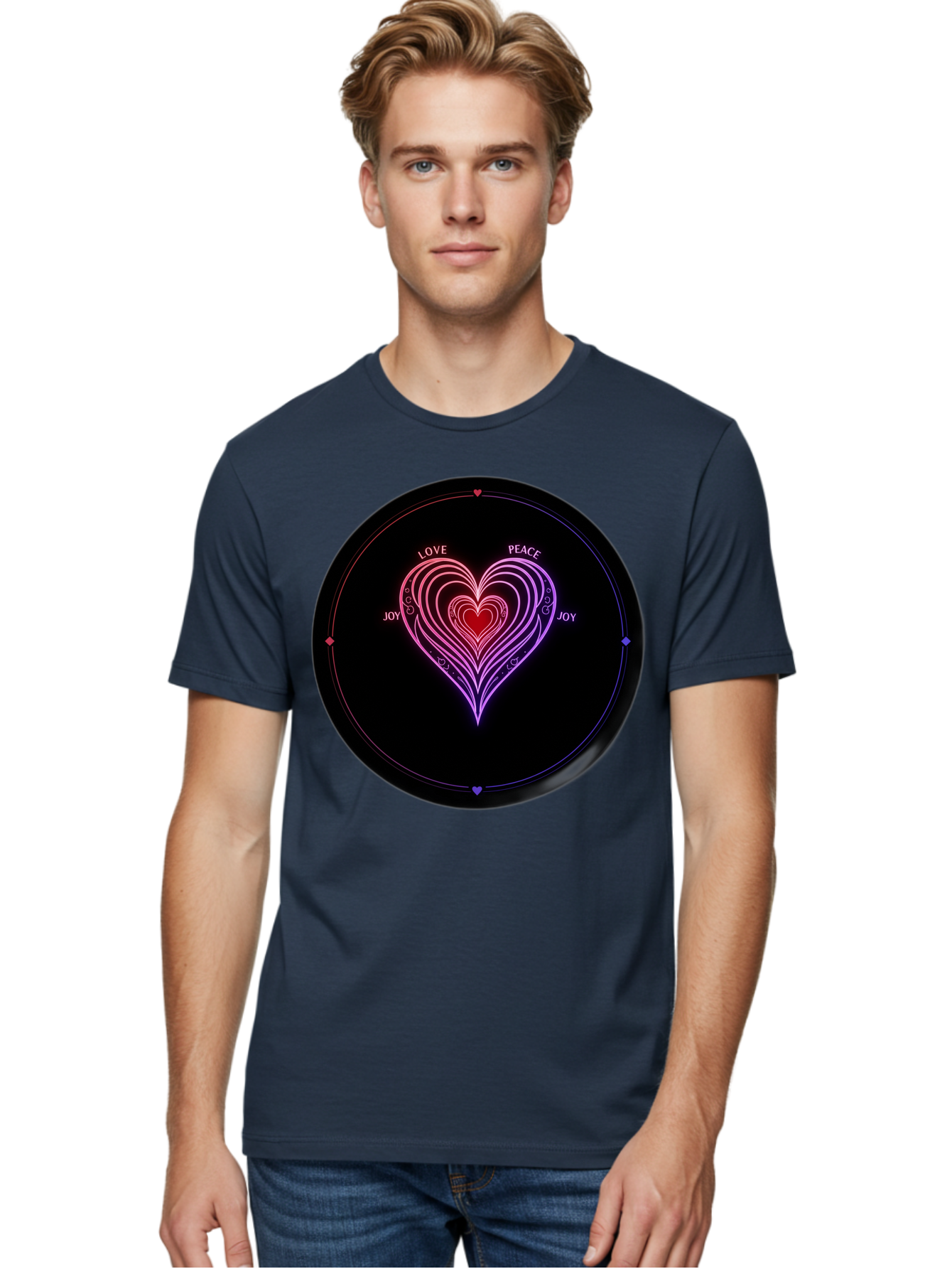 Heart-Of-Love Men'S Graphic Tee, 100% Cotton, Comfortable Casual Summer Wear, Machine Washable, Heart Symbol, Love Peace Joy, Neon Lights, Layered Hearts, Gradient Colors, Circular Design, Emotional Wellness, Positive Vibes, Bae199