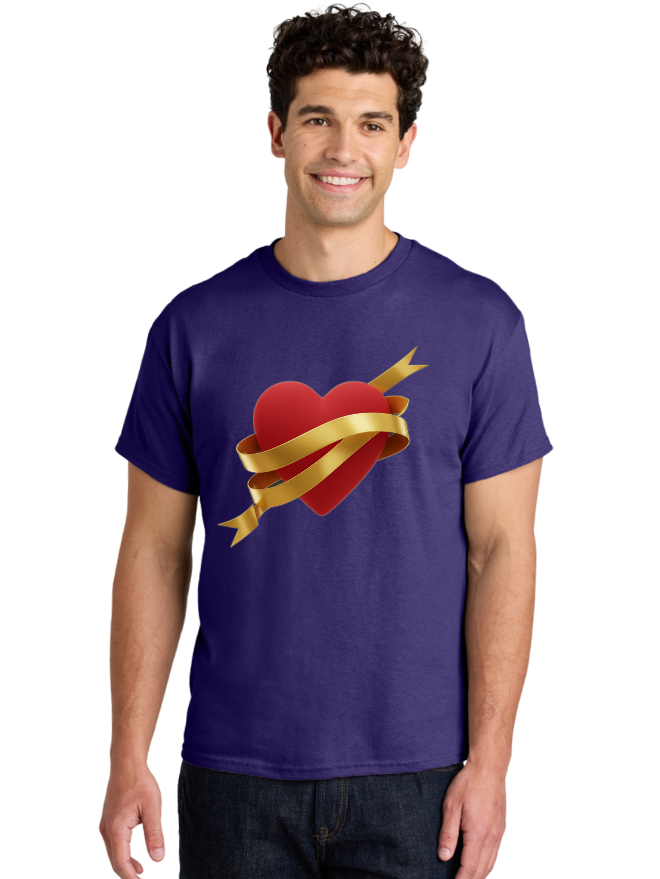 Heart-With-Ribbon-And-Arrow Men'S Graphic Tee, 100% Cotton, Comfortable Casual Summer Wear, Machine Washable, Red Heart, Gold Ribbon, Arrow Through Heart, Love Symbol, Valentines Day, Symbol Of Love, Heart With Ribbon Bae200