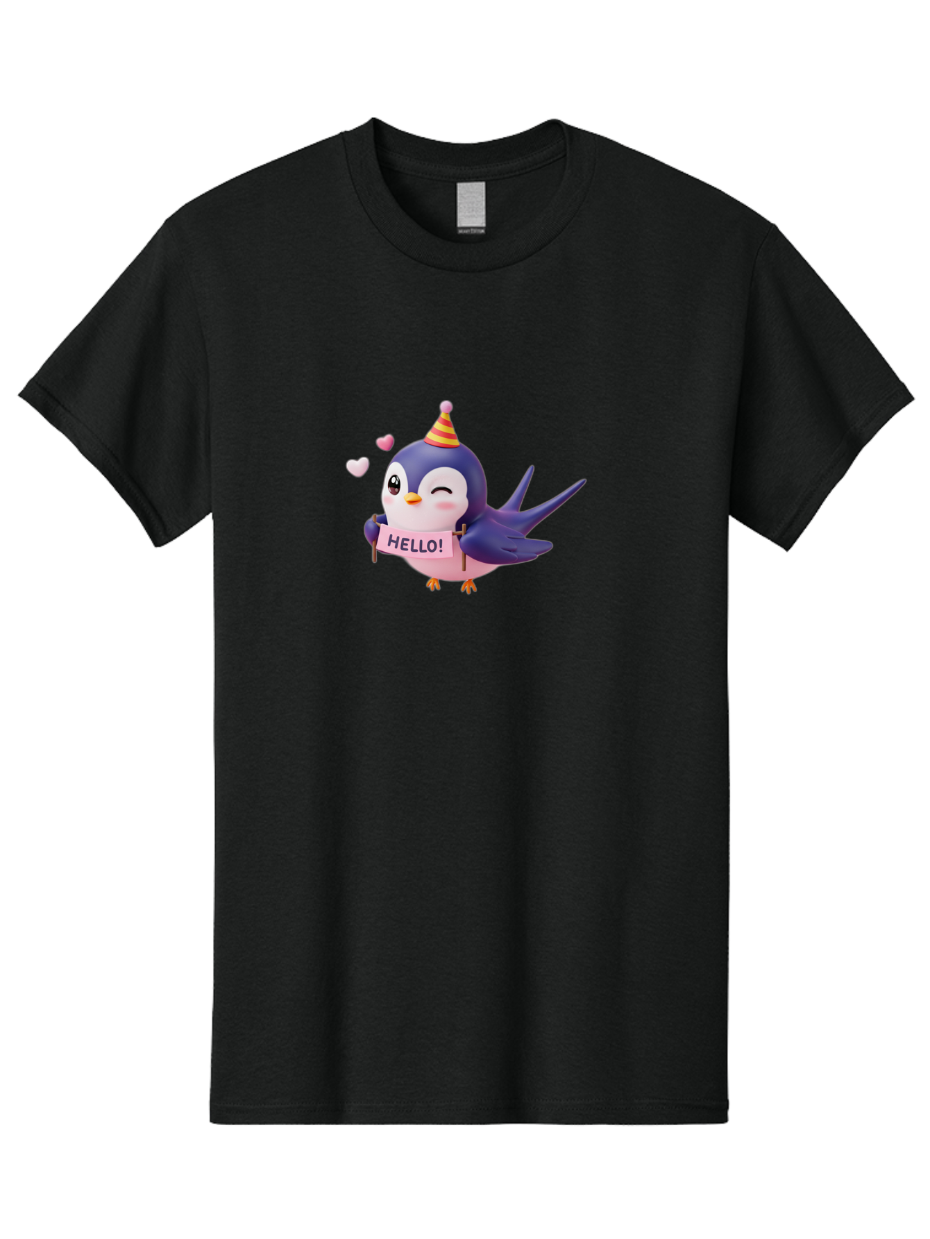 Hello-Bird Men'S Graphic Tee, 100% Cotton, Comfortable Casual Summer Wear, Machine Washable, Cartoon Bird, Party Hat, Hello Sign, Cute Animal, Friendly Greeting, Pink Hearts, Whimsical Design, Digital Illustration, Colorful Character Bae203