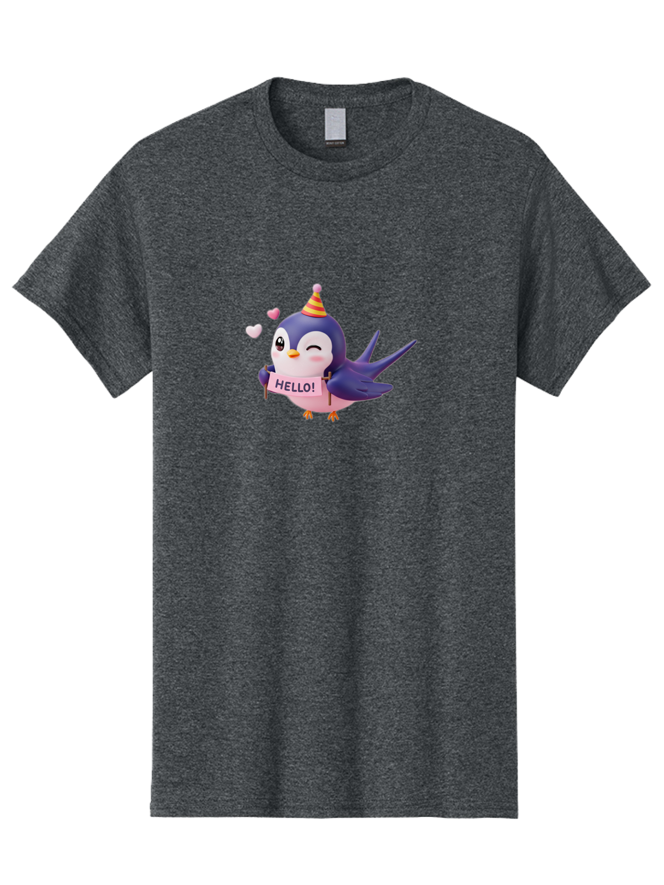 Hello-Bird Men'S Graphic Tee, 100% Cotton, Comfortable Casual Summer Wear, Machine Washable, Cartoon Bird, Party Hat, Hello Sign, Cute Animal, Friendly Greeting, Pink Hearts, Whimsical Design, Digital Illustration, Colorful Character Bae203