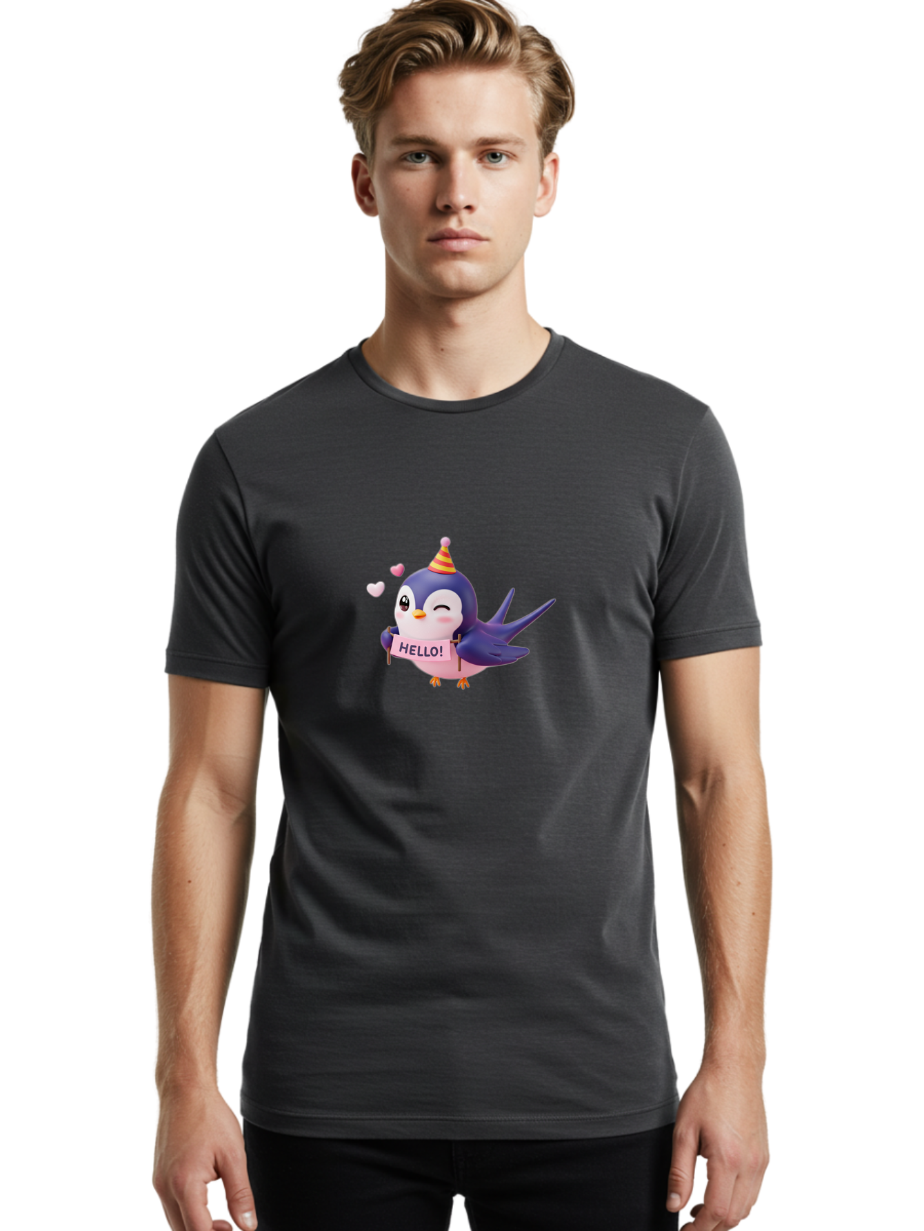 Hello-Bird Men'S Graphic Tee, 100% Cotton, Comfortable Casual Summer Wear, Machine Washable, Cartoon Bird, Party Hat, Hello Sign, Cute Animal, Friendly Greeting, Pink Hearts, Whimsical Design, Digital Illustration, Colorful Character Bae203