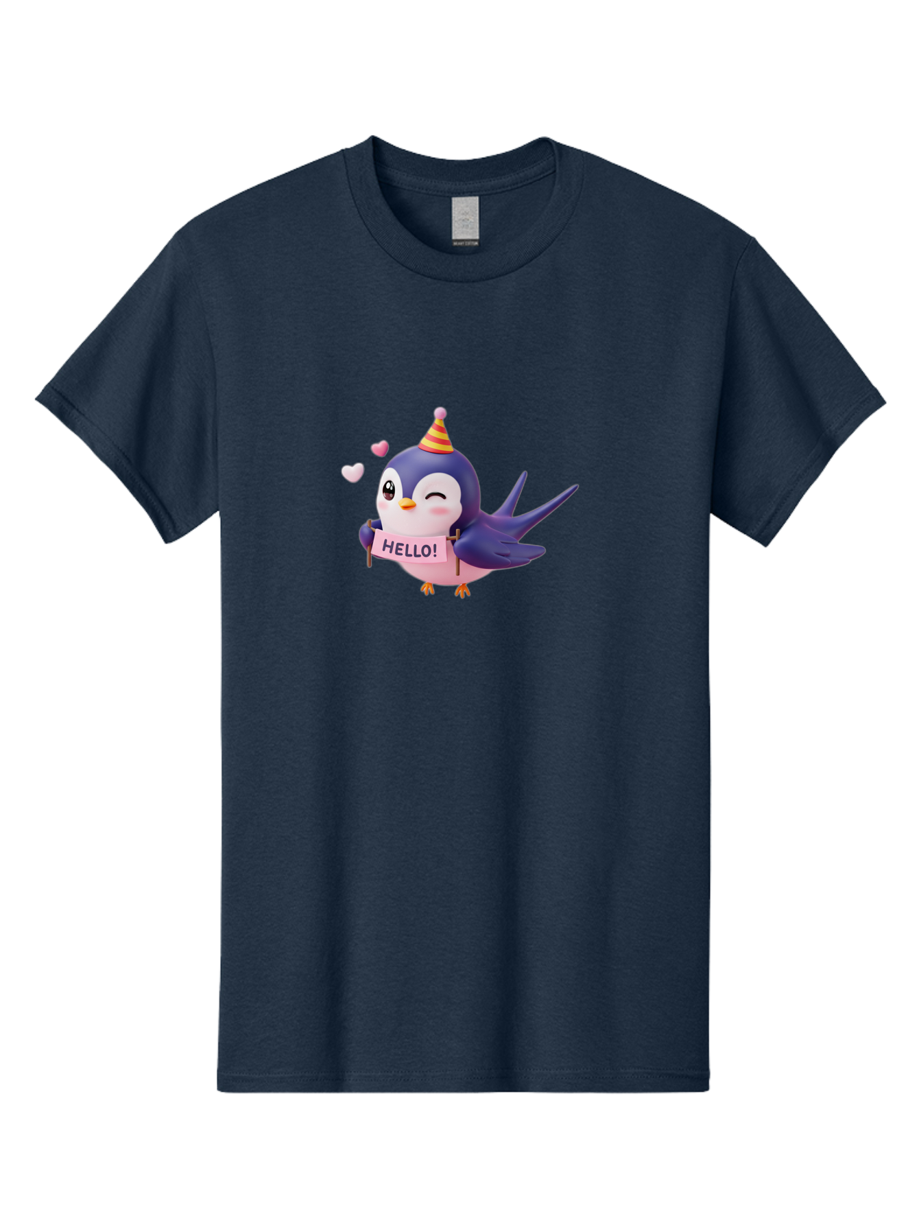 Hello-Bird Men'S Graphic Tee, 100% Cotton, Comfortable Casual Summer Wear, Machine Washable, Cartoon Bird, Party Hat, Hello Sign, Cute Animal, Friendly Greeting, Pink Hearts, Whimsical Design, Digital Illustration, Colorful Character Bae203