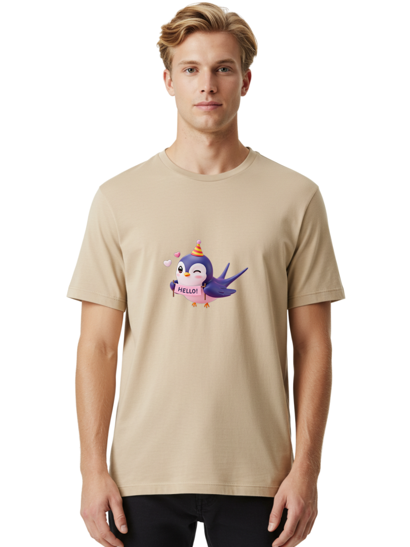 Hello-Bird Men'S Graphic Tee, 100% Cotton, Comfortable Casual Summer Wear, Machine Washable, Cartoon Bird, Party Hat, Hello Sign, Cute Animal, Friendly Greeting, Pink Hearts, Whimsical Design, Digital Illustration, Colorful Character Bae203