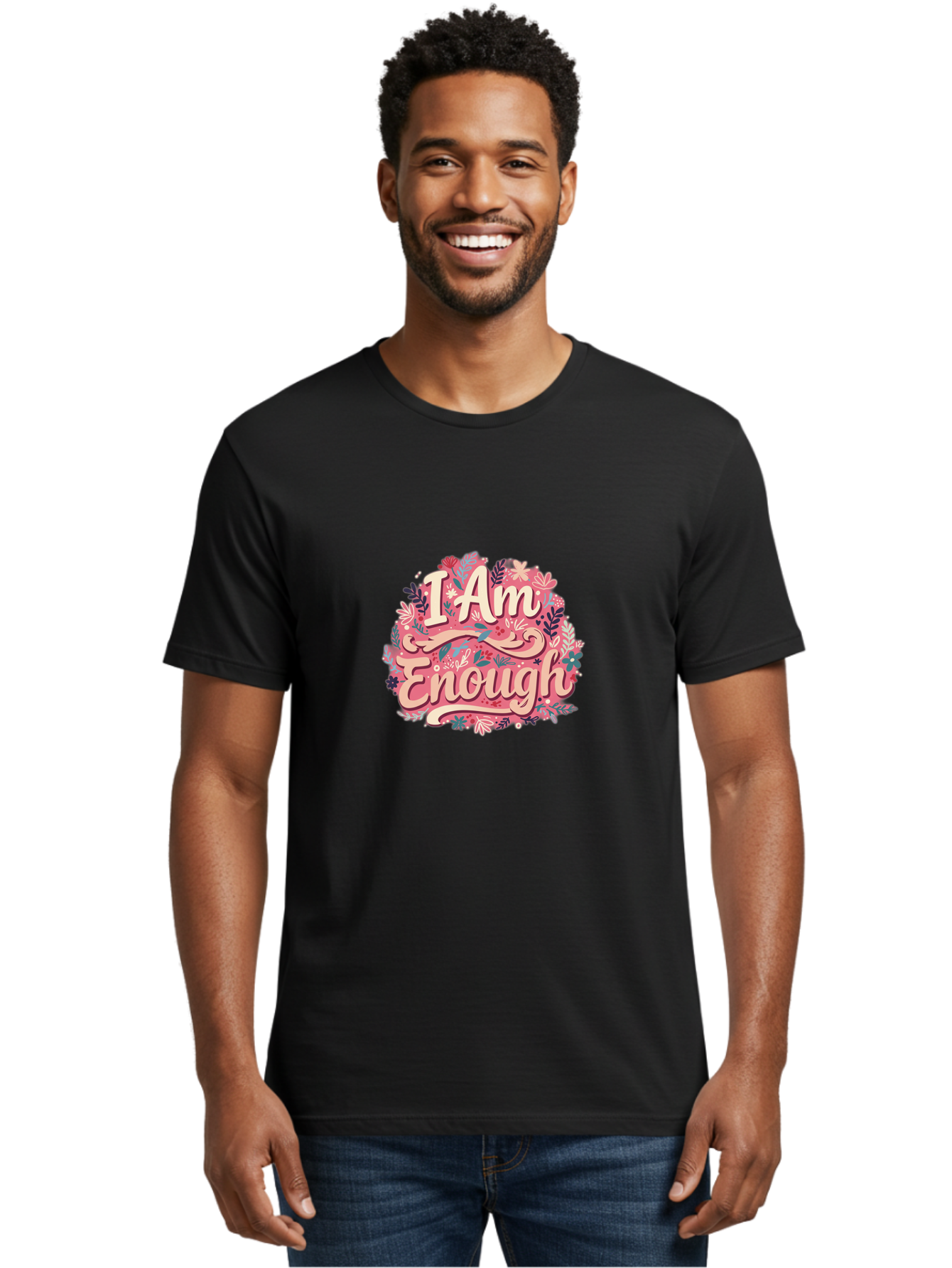 I-Am-Enough-1 Men'S Graphic Tee, 100% Cotton, Comfortable Casual Summer Wear, Machine Washable, Motivational Quote, Affirmation, Floral Design, Feminine Typography, Empowerment, Self-Love, Pink Flowers, Inspirational Art, Positive Thinking, Bae205