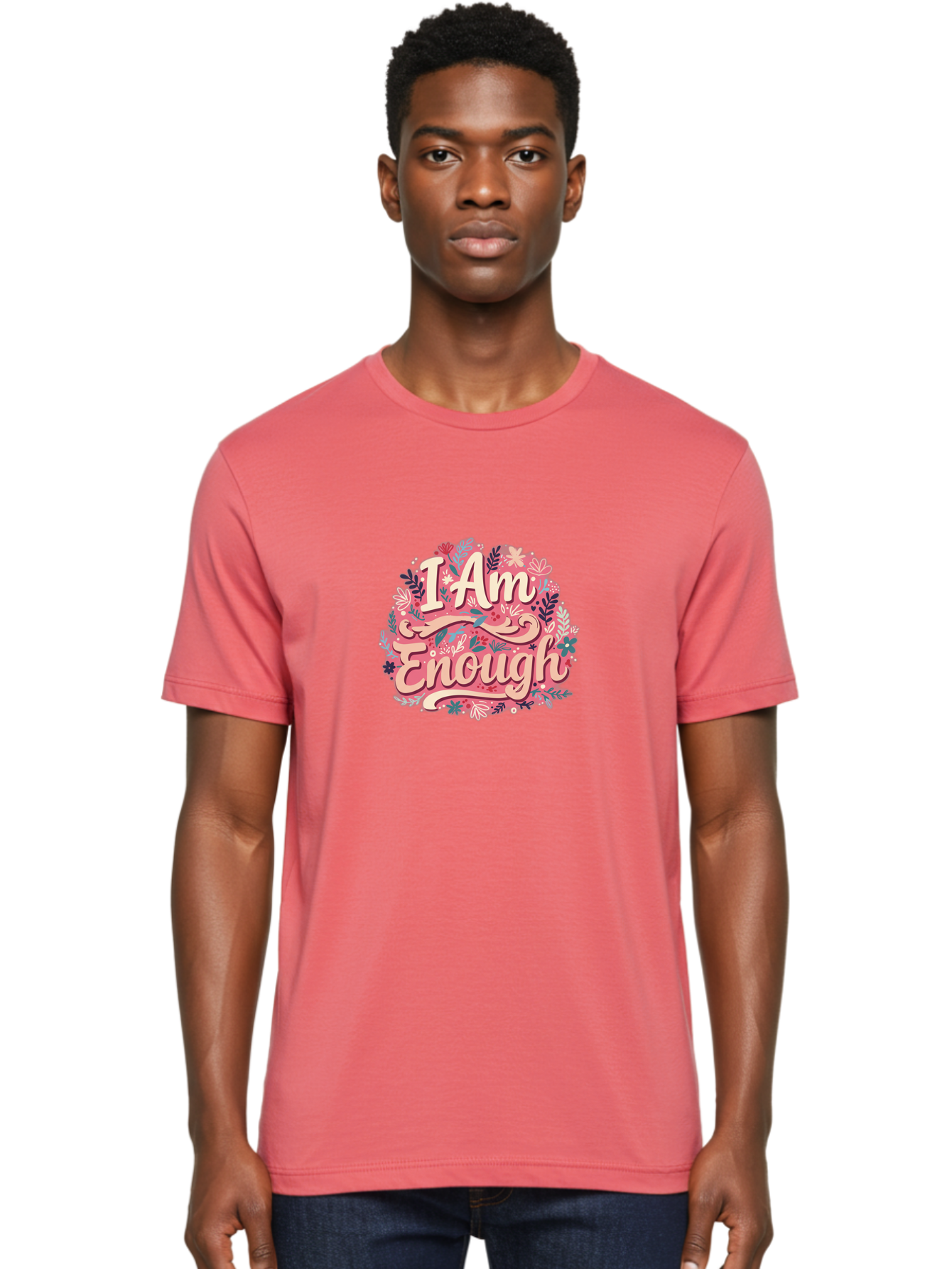 I-Am-Enough-1 Men'S Graphic Tee, 100% Cotton, Comfortable Casual Summer Wear, Machine Washable, Motivational Quote, Affirmation, Floral Design, Feminine Typography, Empowerment, Self-Love, Pink Flowers, Inspirational Art, Positive Thinking, Bae205