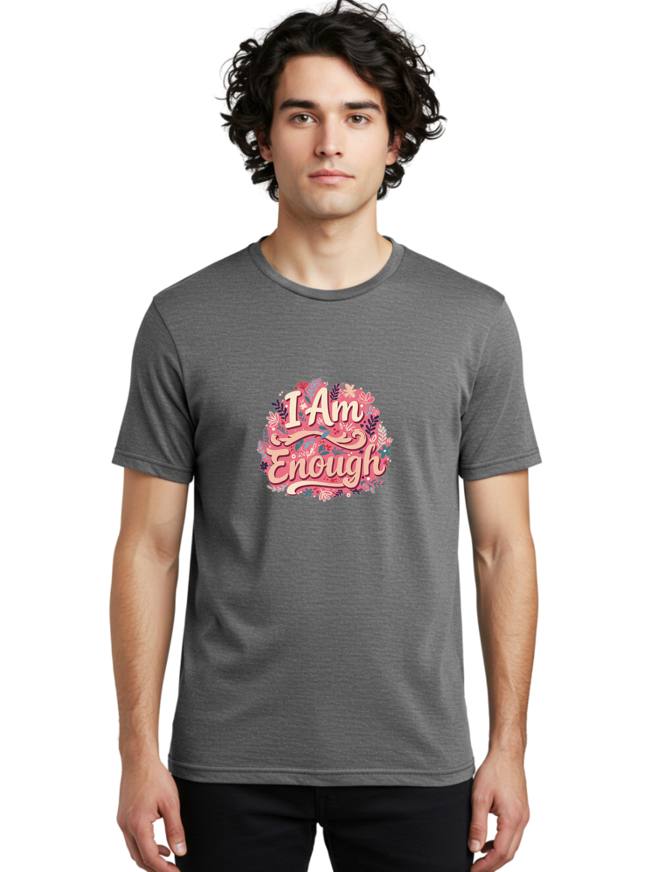 I-Am-Enough-1 Men'S Graphic Tee, 100% Cotton, Comfortable Casual Summer Wear, Machine Washable, Motivational Quote, Affirmation, Floral Design, Feminine Typography, Empowerment, Self-Love, Pink Flowers, Inspirational Art, Positive Thinking, Bae205