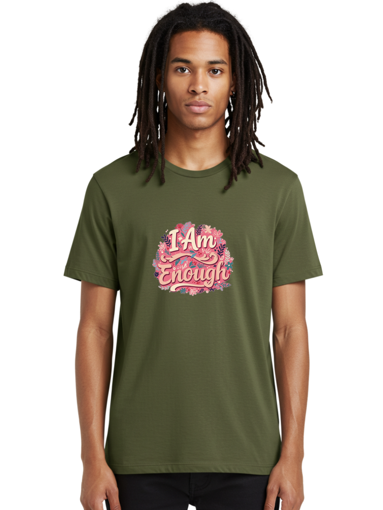 I-Am-Enough-1 Men'S Graphic Tee, 100% Cotton, Comfortable Casual Summer Wear, Machine Washable, Motivational Quote, Affirmation, Floral Design, Feminine Typography, Empowerment, Self-Love, Pink Flowers, Inspirational Art, Positive Thinking, Bae205