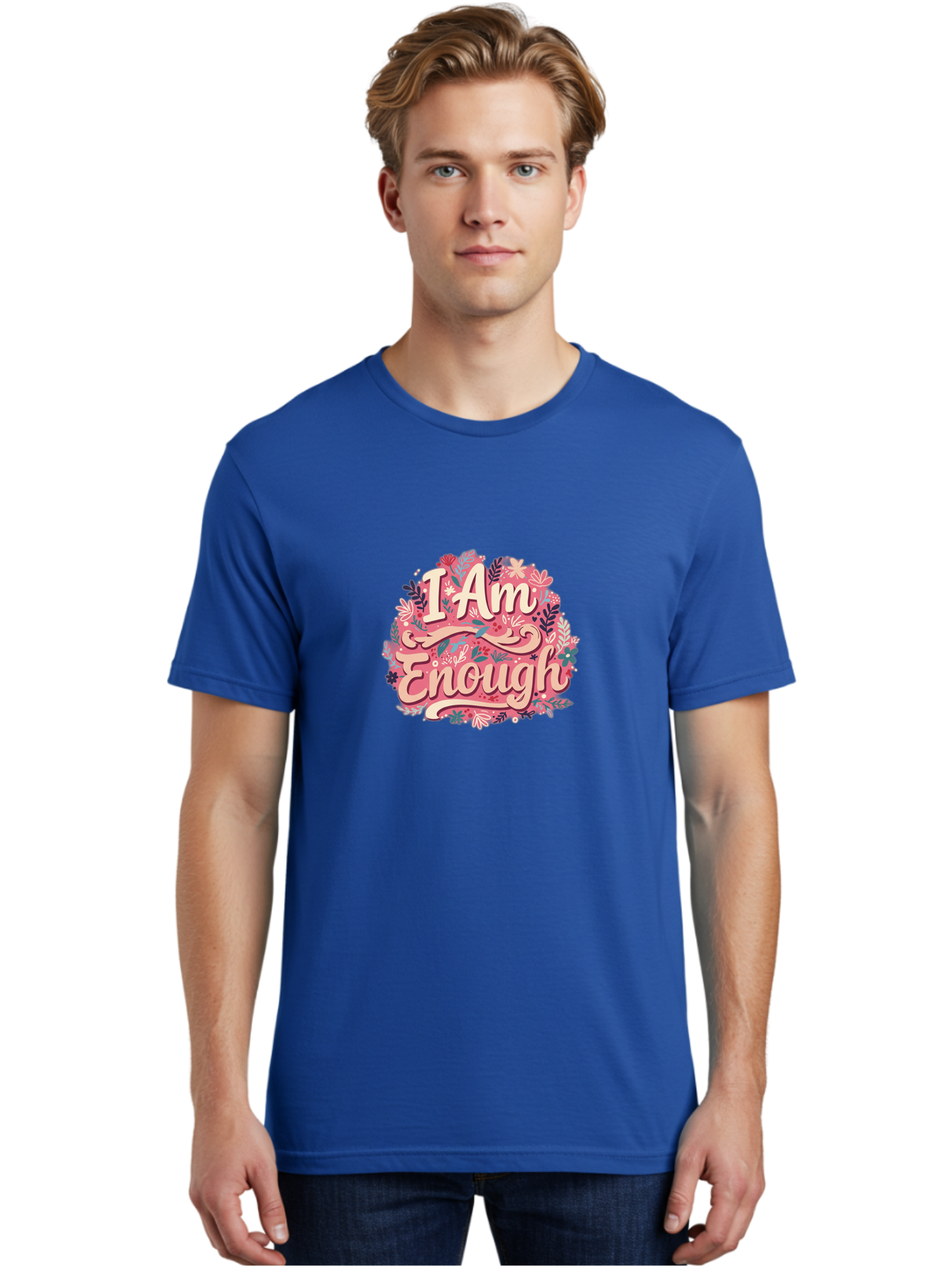 I-Am-Enough-1 Men'S Graphic Tee, 100% Cotton, Comfortable Casual Summer Wear, Machine Washable, Motivational Quote, Affirmation, Floral Design, Feminine Typography, Empowerment, Self-Love, Pink Flowers, Inspirational Art, Positive Thinking, Bae205