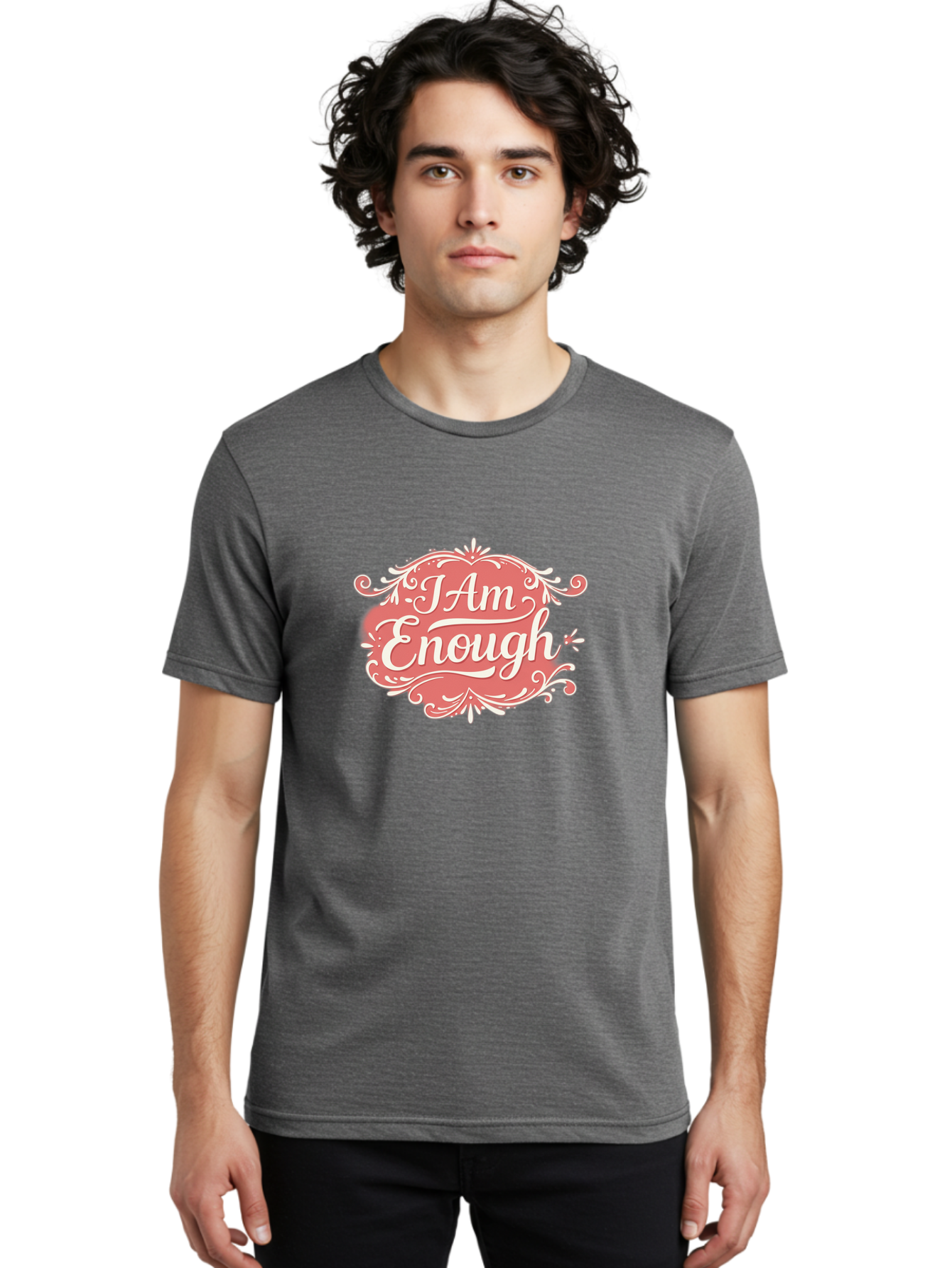 I-Am-Enough-3 Men'S Graphic Tee, 100% Cotton, Comfortable Casual Summer Wear, Machine Washable, Positive Affirmation, Self Love, Empowerment, Motivational Quote, Inspirational Message, Pink And White Design, Floral Elements, Bae207