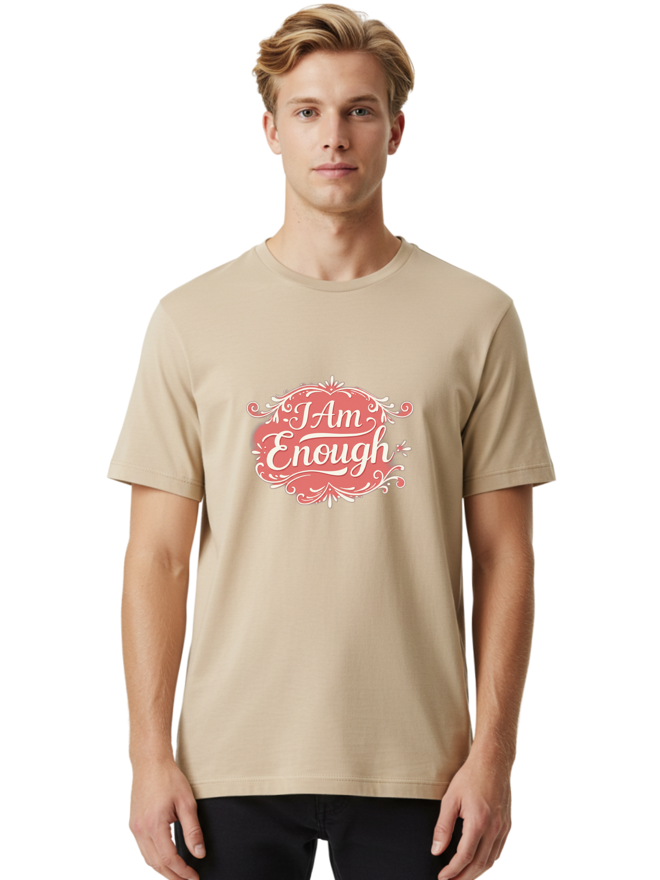 I-Am-Enough-3 Men'S Graphic Tee, 100% Cotton, Comfortable Casual Summer Wear, Machine Washable, Positive Affirmation, Self Love, Empowerment, Motivational Quote, Inspirational Message, Pink And White Design, Floral Elements, Bae207