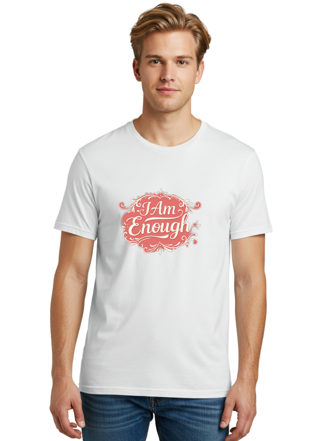 I-Am-Enough-3 Men'S Graphic Tee, 100% Cotton, Comfortable Casual Summer Wear, Machine Washable, Positive Affirmation, Self Love, Empowerment, Motivational Quote, Inspirational Message, Pink And White Design, Floral Elements, Bae207