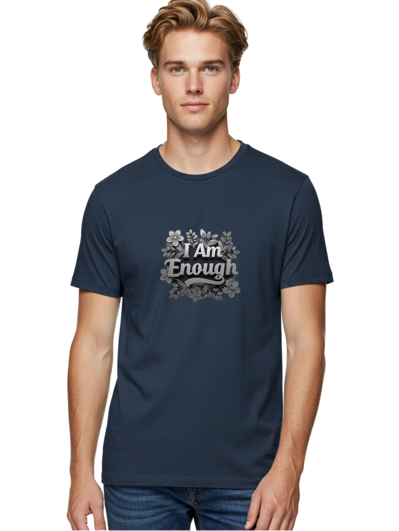 I-Am-Enough-4 Men'S Graphic Tee, 100% Cotton, Comfortable Casual Summer Wear, Machine Washable, Empowerment Quote, Floral Wreath, Inspirational Message, Self-Love Affirmation, Motivational Phrase, Confidence Booster, Positive Words Bae208
