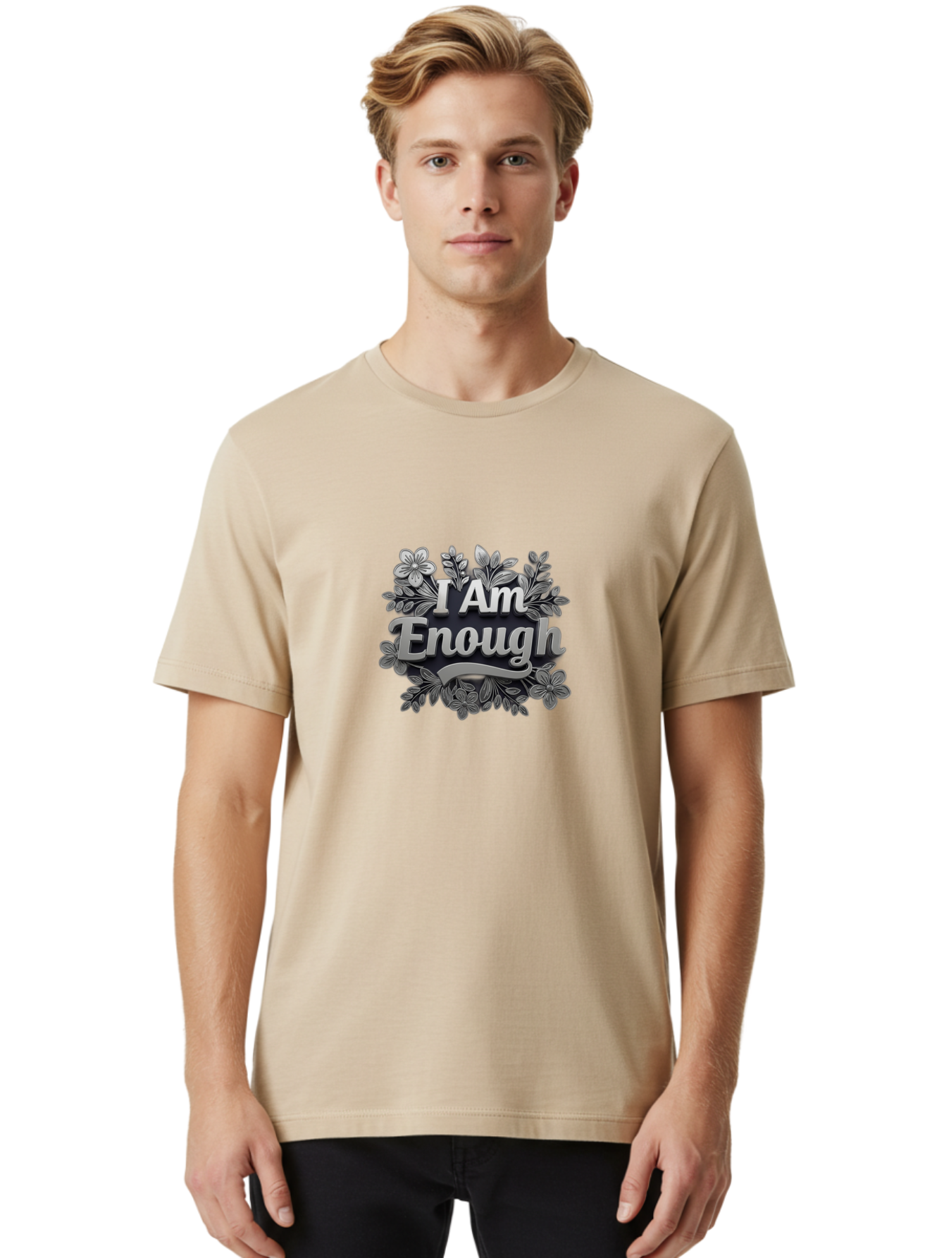 I-Am-Enough-4 Men'S Graphic Tee, 100% Cotton, Comfortable Casual Summer Wear, Machine Washable, Empowerment Quote, Floral Wreath, Inspirational Message, Self-Love Affirmation, Motivational Phrase, Confidence Booster, Positive Words Bae208