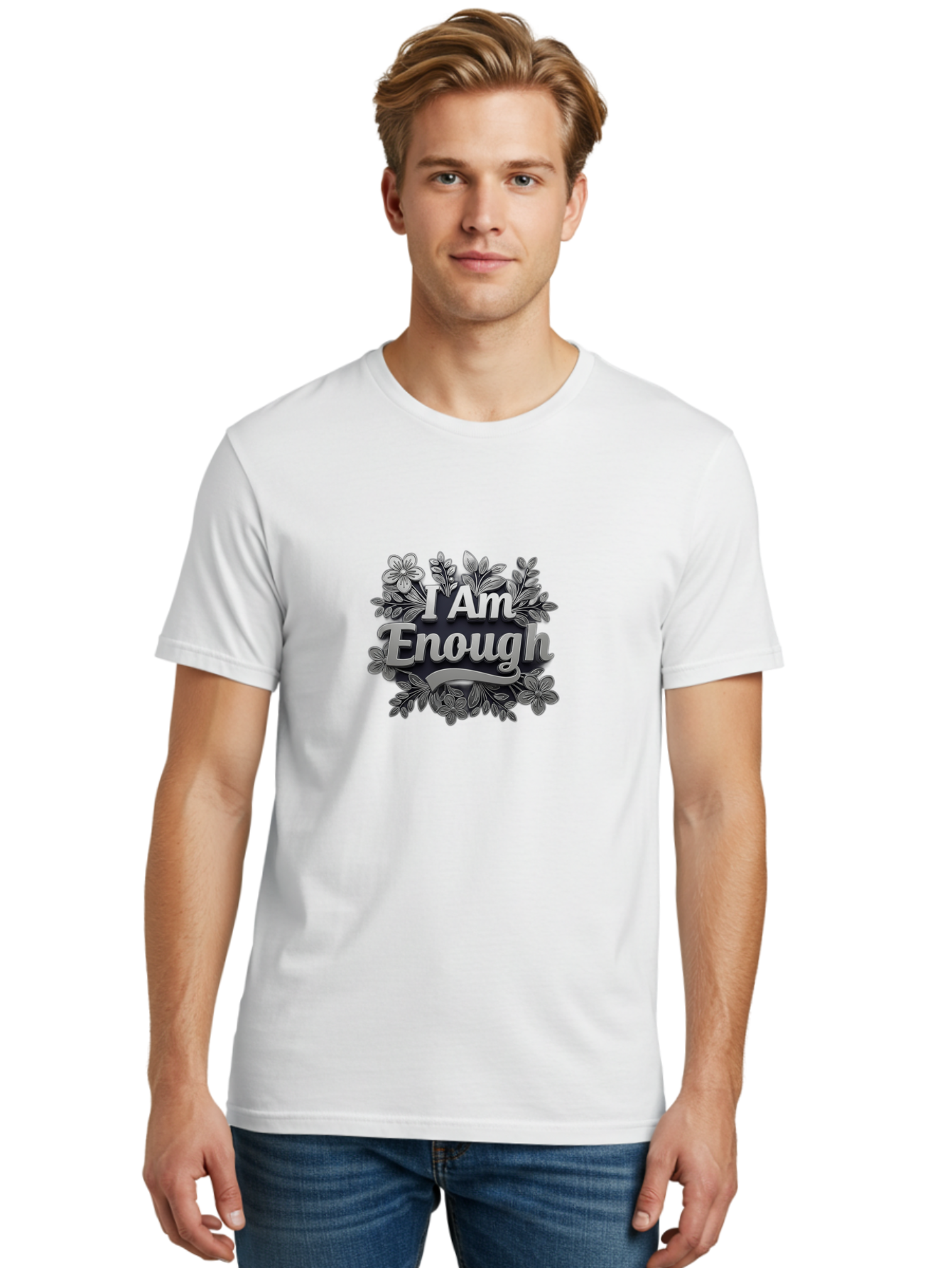 I-Am-Enough-4 Men'S Graphic Tee, 100% Cotton, Comfortable Casual Summer Wear, Machine Washable, Empowerment Quote, Floral Wreath, Inspirational Message, Self-Love Affirmation, Motivational Phrase, Confidence Booster, Positive Words Bae208