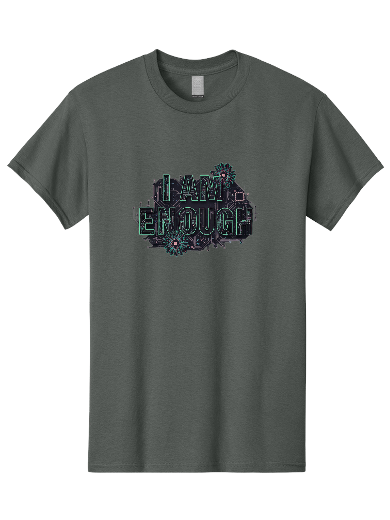 I-Am-Enough-5 Men'S Graphic Tee, 100% Cotton, Comfortable Casual Summer Wear, Machine Washable, Circuit Board Design, Self-Empowerment Message, Motivational Quote, Positive Affirmation, Floral Elements, Tech-Meets-Nature, Confidence Booster Bae209