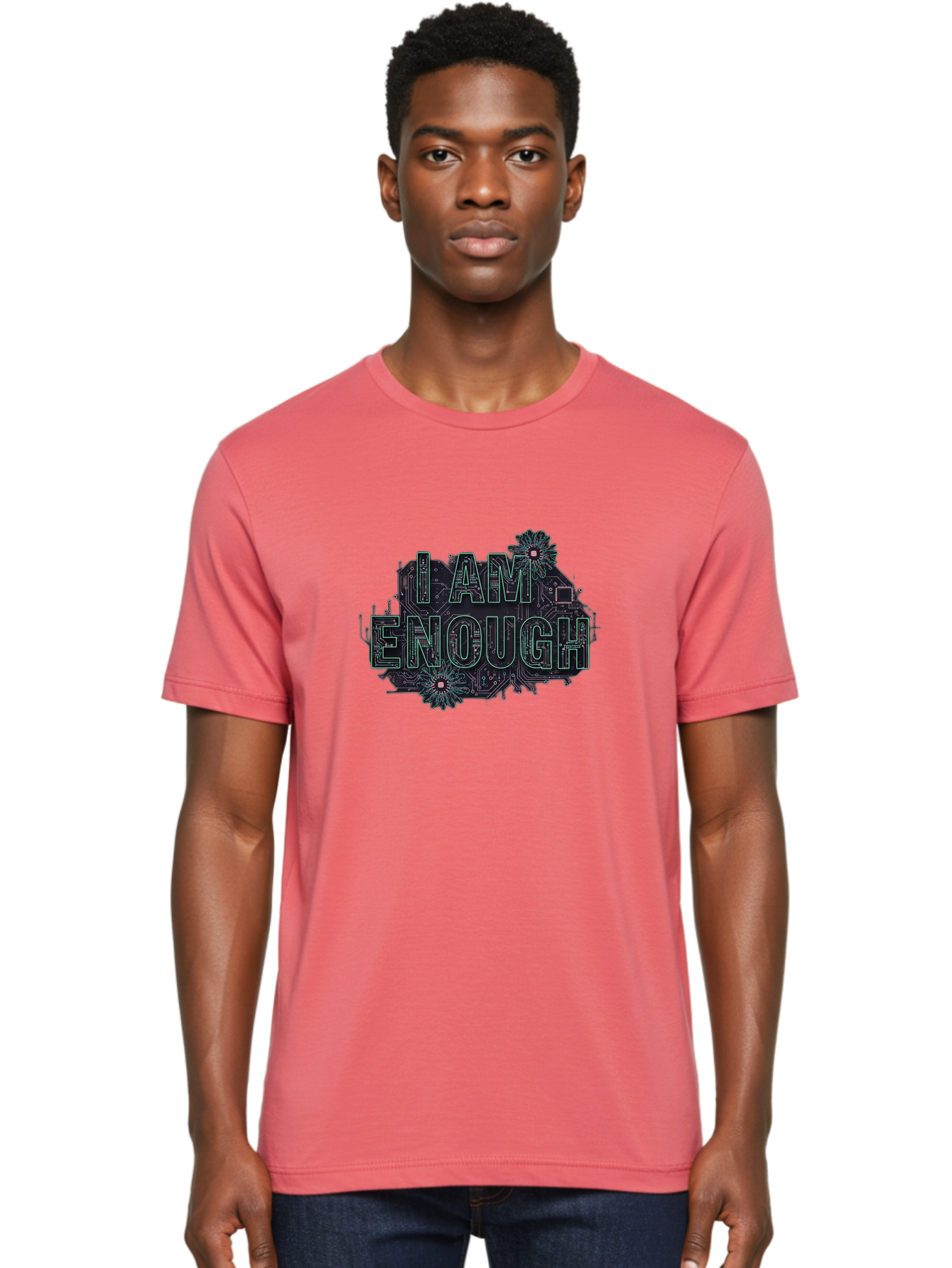 I-Am-Enough-5 Men'S Graphic Tee, 100% Cotton, Comfortable Casual Summer Wear, Machine Washable, Circuit Board Design, Self-Empowerment Message, Motivational Quote, Positive Affirmation, Floral Elements, Tech-Meets-Nature, Confidence Booster Bae209