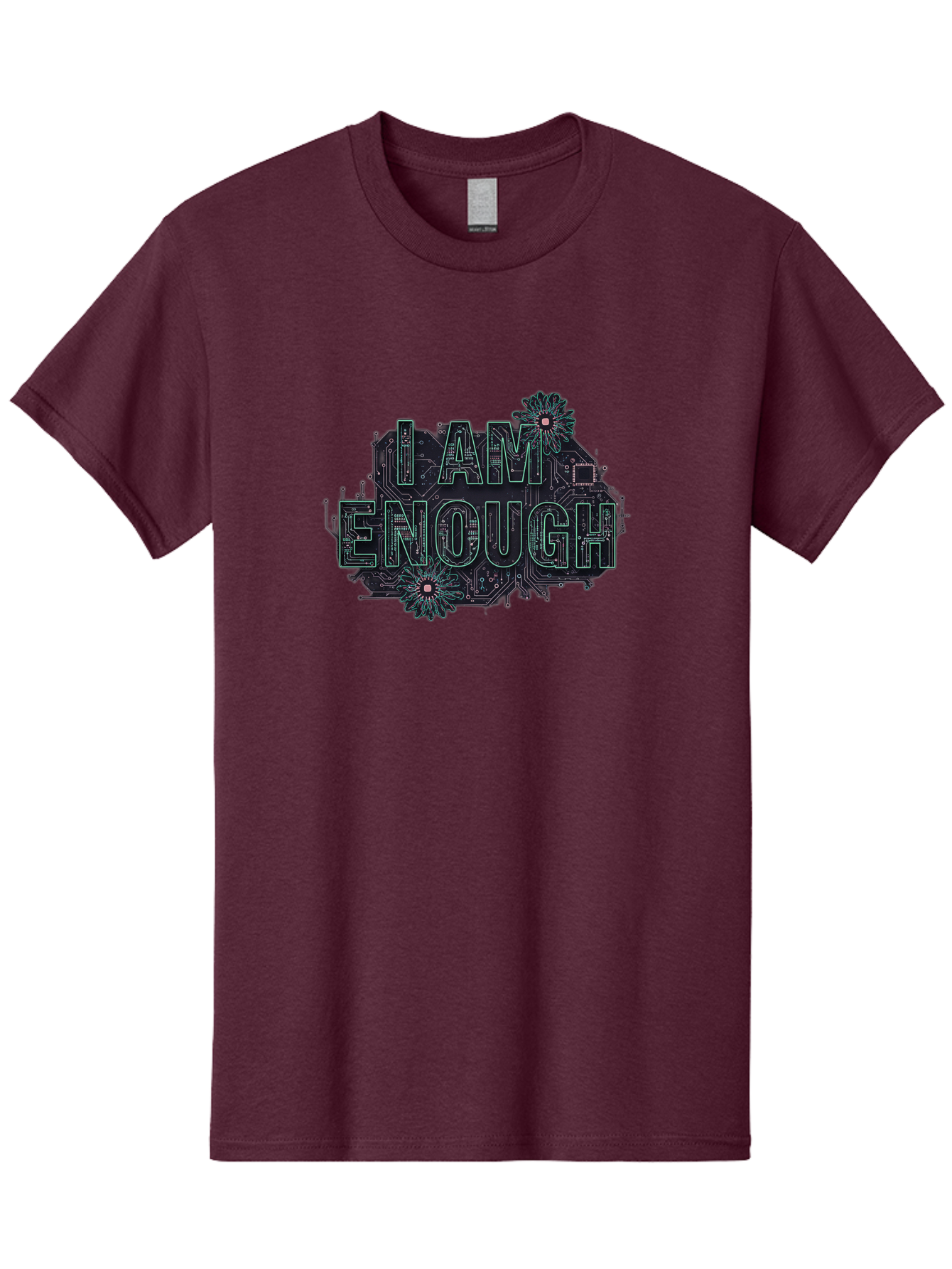I-Am-Enough-5 Men'S Graphic Tee, 100% Cotton, Comfortable Casual Summer Wear, Machine Washable, Circuit Board Design, Self-Empowerment Message, Motivational Quote, Positive Affirmation, Floral Elements, Tech-Meets-Nature, Confidence Booster Bae209