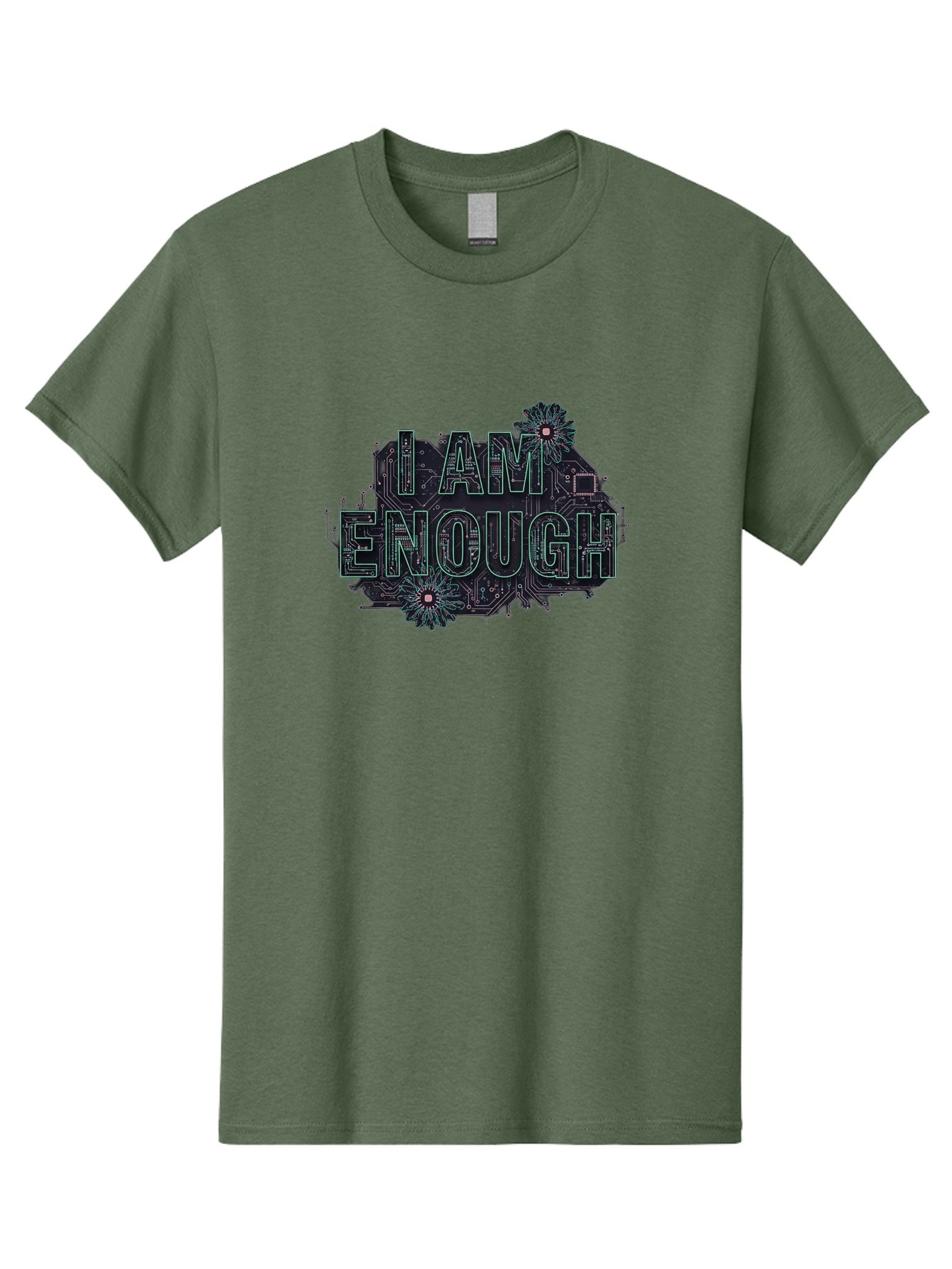 I-Am-Enough-5 Men'S Graphic Tee, 100% Cotton, Comfortable Casual Summer Wear, Machine Washable, Circuit Board Design, Self-Empowerment Message, Motivational Quote, Positive Affirmation, Floral Elements, Tech-Meets-Nature, Confidence Booster Bae209
