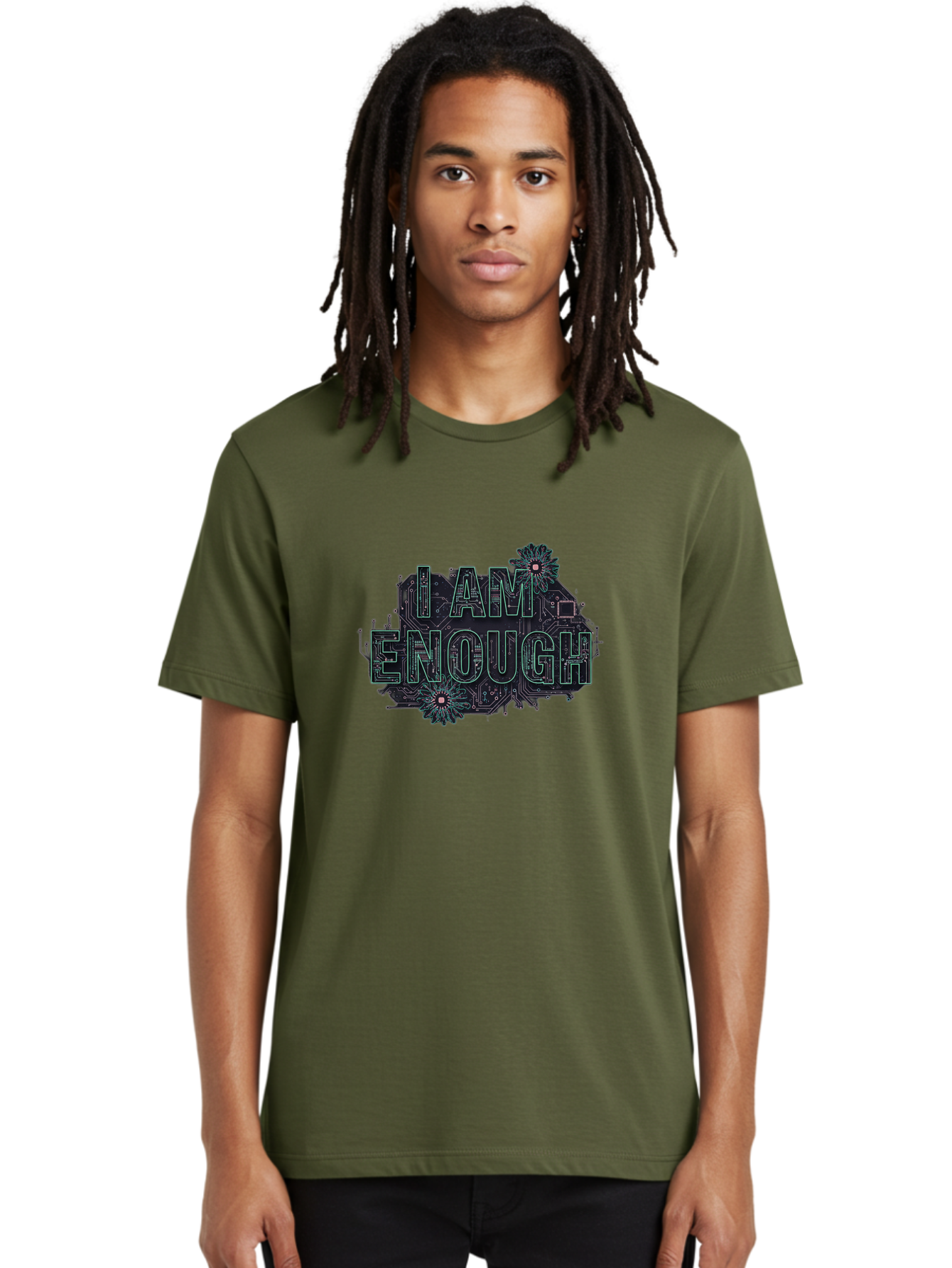 I-Am-Enough-5 Men'S Graphic Tee, 100% Cotton, Comfortable Casual Summer Wear, Machine Washable, Circuit Board Design, Self-Empowerment Message, Motivational Quote, Positive Affirmation, Floral Elements, Tech-Meets-Nature, Confidence Booster Bae209
