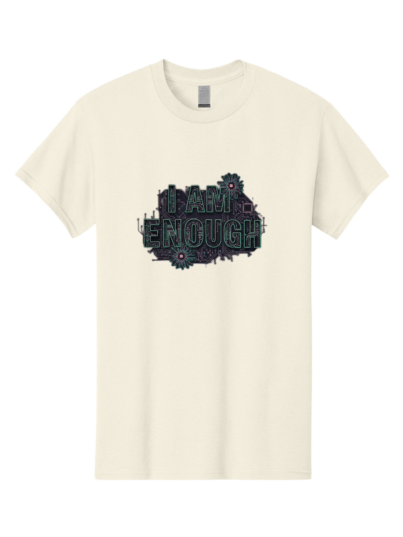 I-Am-Enough-5 Men'S Graphic Tee, 100% Cotton, Comfortable Casual Summer Wear, Machine Washable, Circuit Board Design, Self-Empowerment Message, Motivational Quote, Positive Affirmation, Floral Elements, Tech-Meets-Nature, Confidence Booster Bae209