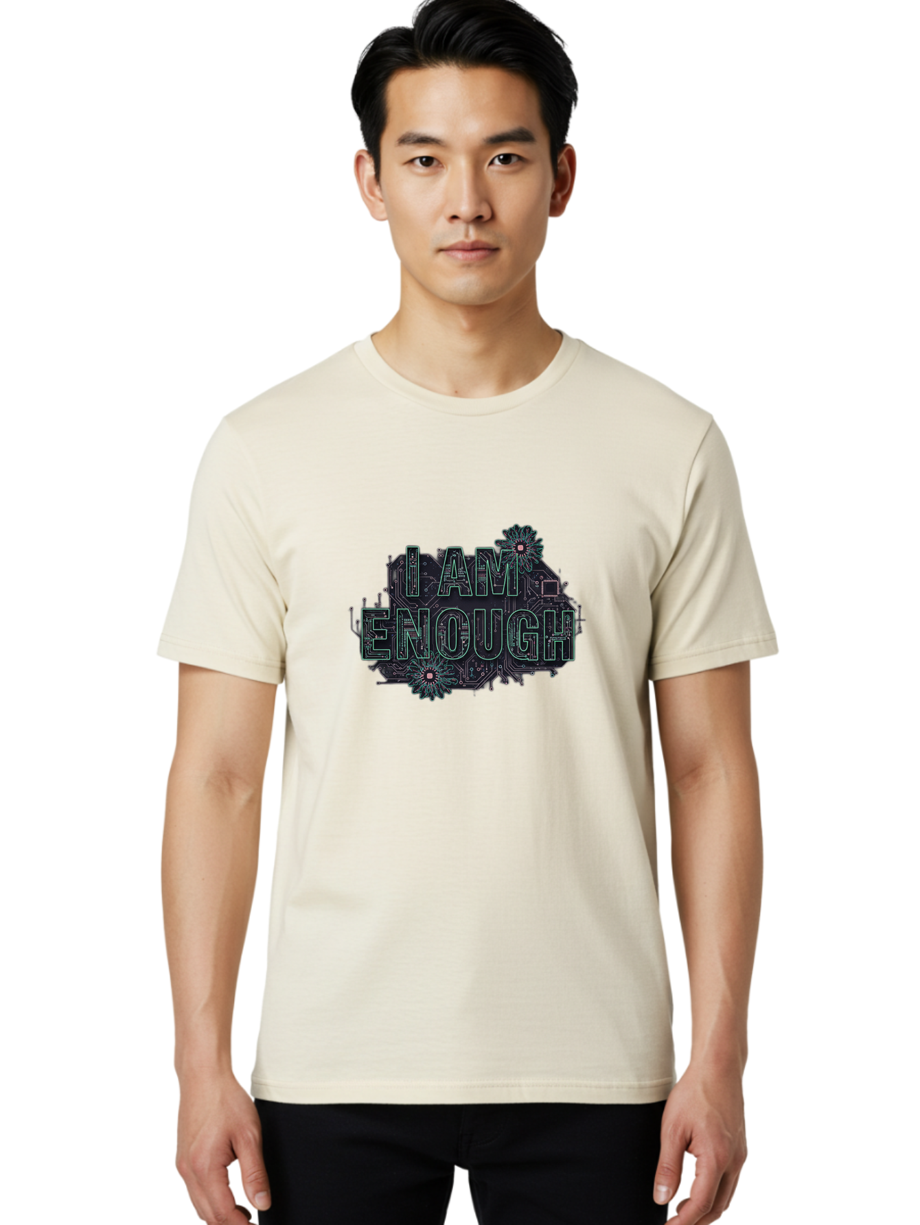 I-Am-Enough-5 Men'S Graphic Tee, 100% Cotton, Comfortable Casual Summer Wear, Machine Washable, Circuit Board Design, Self-Empowerment Message, Motivational Quote, Positive Affirmation, Floral Elements, Tech-Meets-Nature, Confidence Booster Bae209