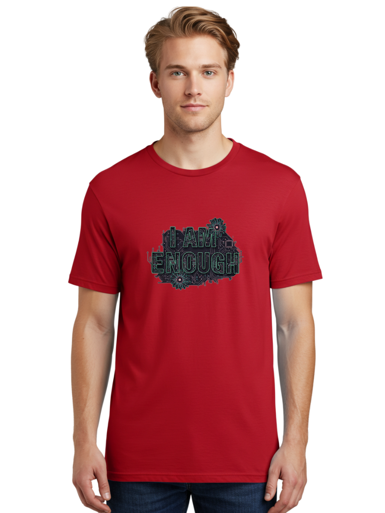 I-Am-Enough-5 Men'S Graphic Tee, 100% Cotton, Comfortable Casual Summer Wear, Machine Washable, Circuit Board Design, Self-Empowerment Message, Motivational Quote, Positive Affirmation, Floral Elements, Tech-Meets-Nature, Confidence Booster Bae209