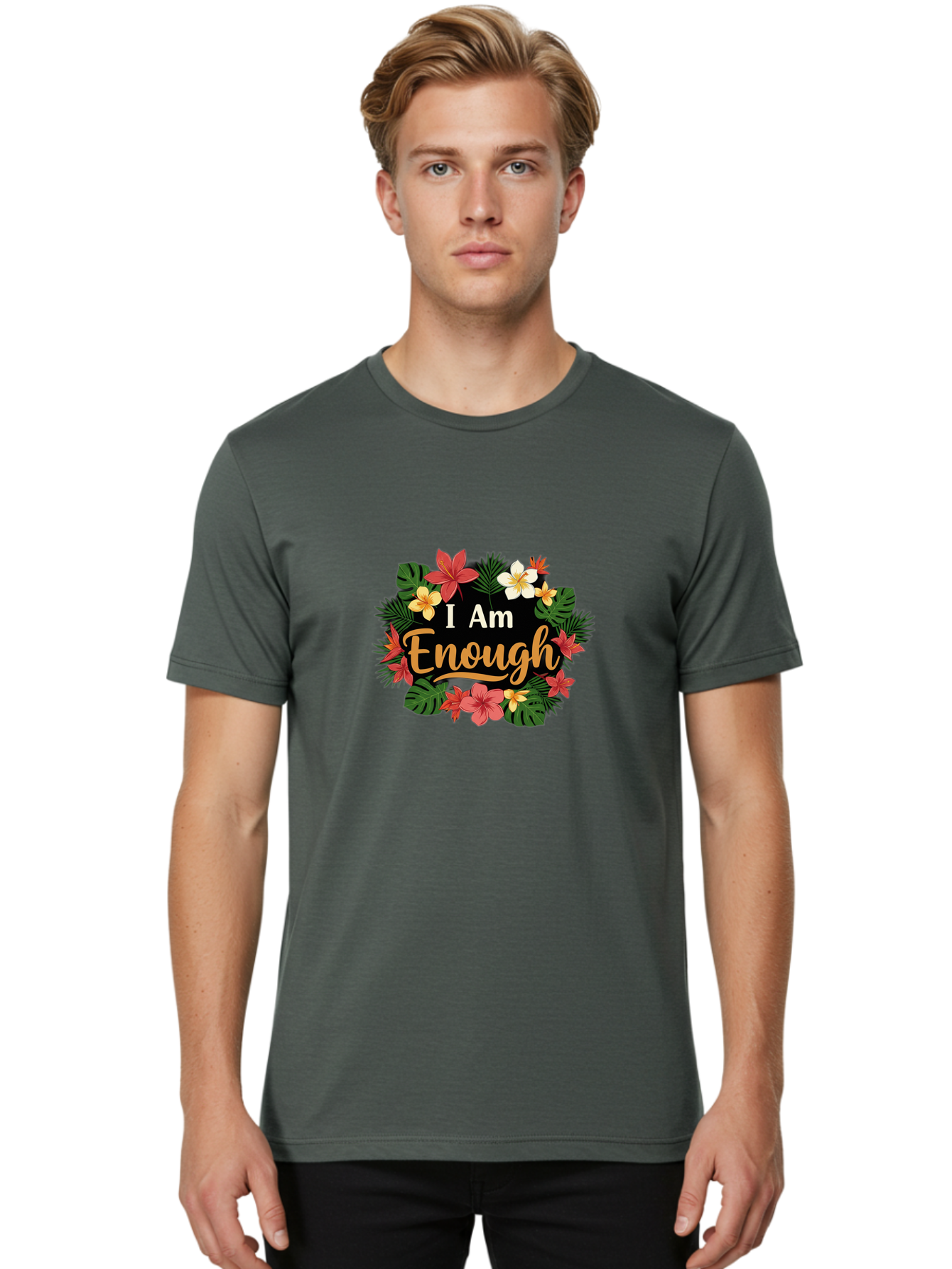 I-Am-Enough-6 Men'S Graphic Tee, 100% Cotton, Comfortable Casual Summer Wear, Machine Washable, Motivational Quote, Floral Wreath, Affirmation, Self-Love, Empowerment, Inspirational Quote, Positive Vibes, Tropical Flowers, Leaves Bae210